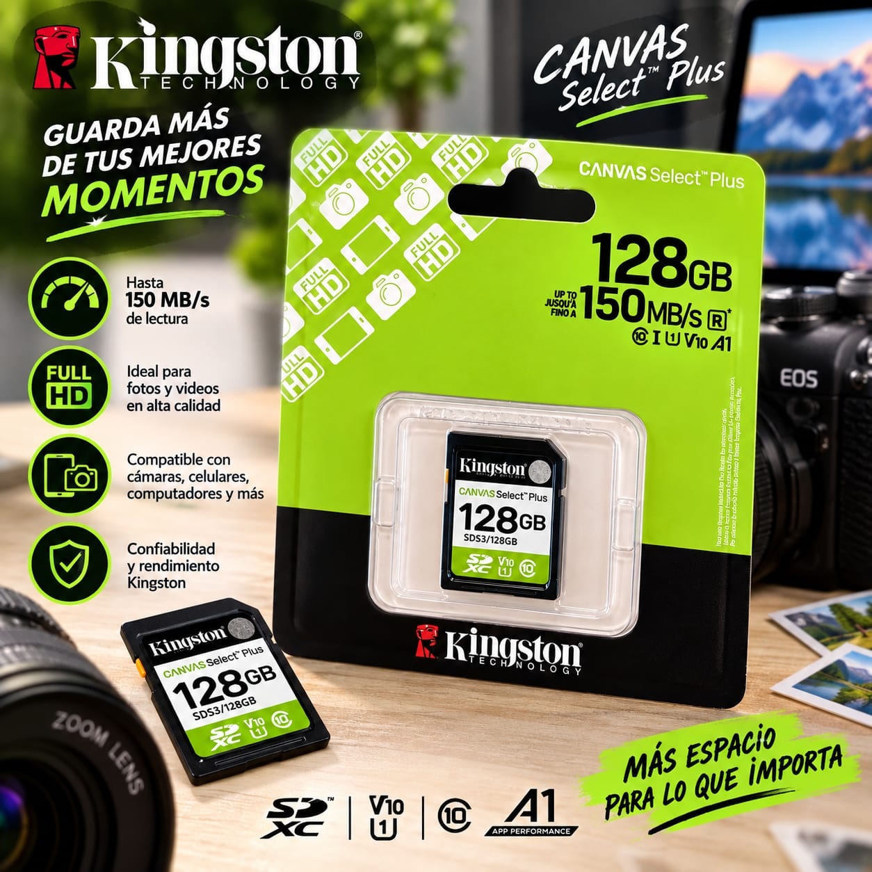 Memoria SD Kingston Canvas Select Plus 128GB 150MB/s Clase 10