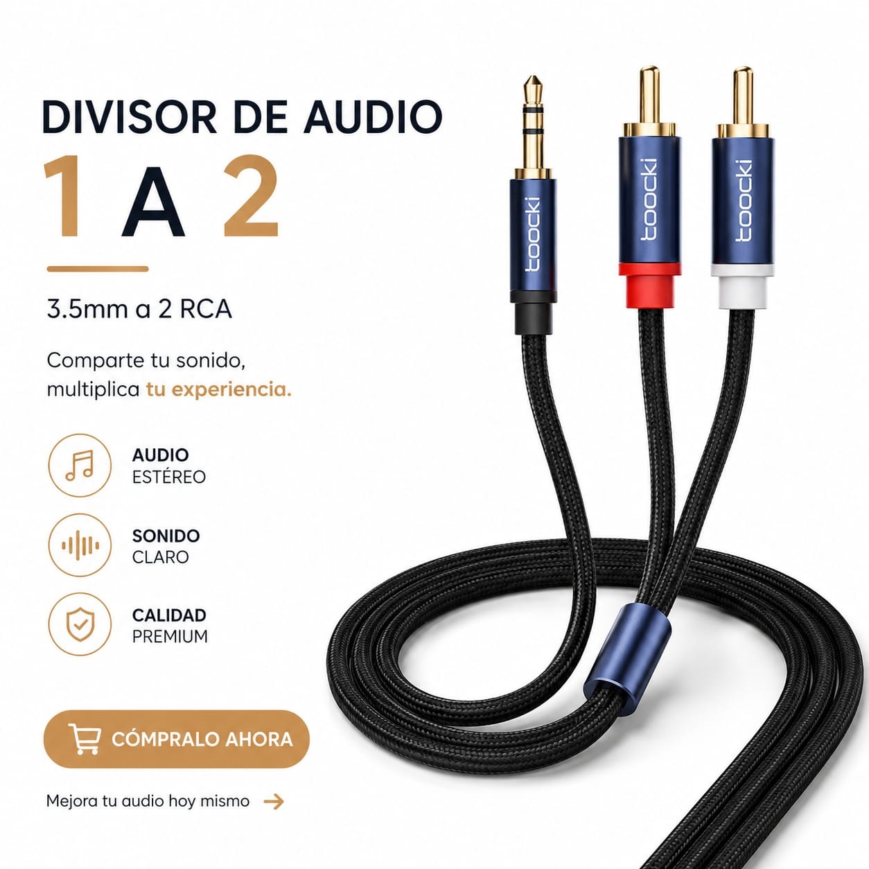 Cable Divisor Audio Toocki Premium 1 a 2 Alta Fidelidad 3 Metros 3.5mm