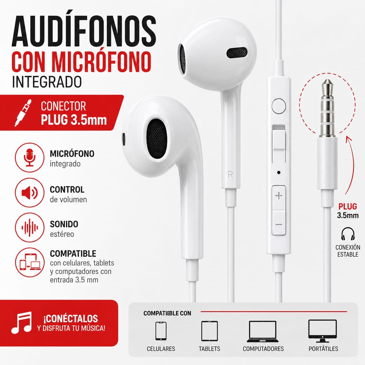 Audífonos Con Micrófono Plug 3.5mm Blancos Control De Volumen
