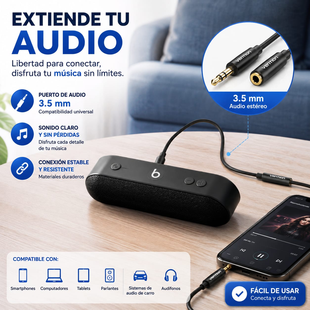 Cable Extensión Auxiliar 3.5mm Vention 1 Metro Macho A Hembra HiFi