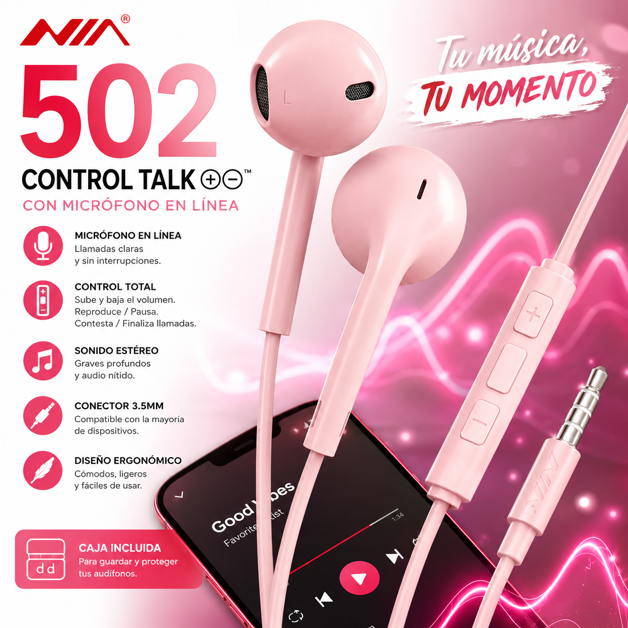 Audífonos NIA 502 Alámbricos 3.5 mm con Micrófono y Control - Rosado