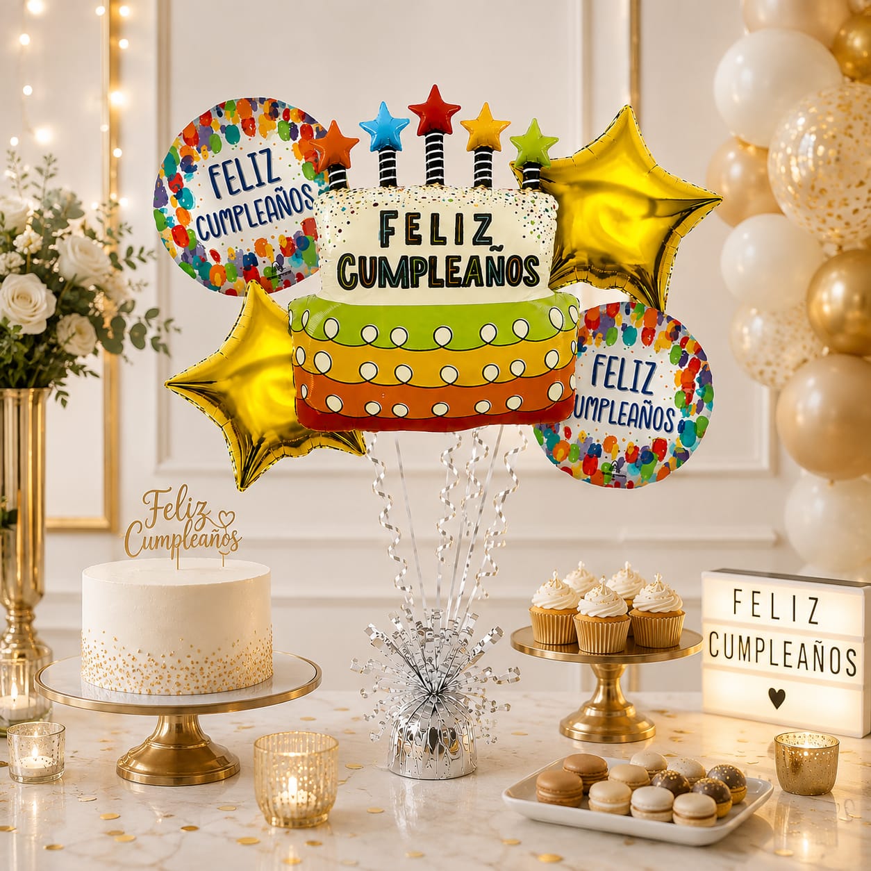 Set x5 Globos Metalizados Feliz Cumpleaños Pastel y Estrellas Doradas