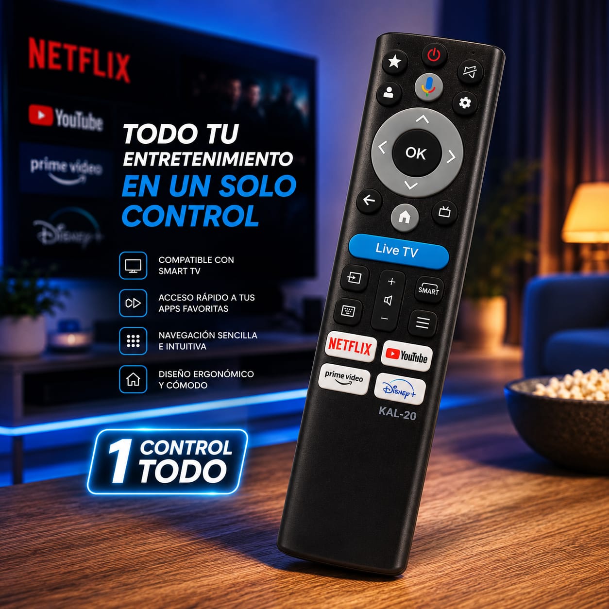 Control Remoto KAL-20 para Smart TV con Acceso Directo a Apps