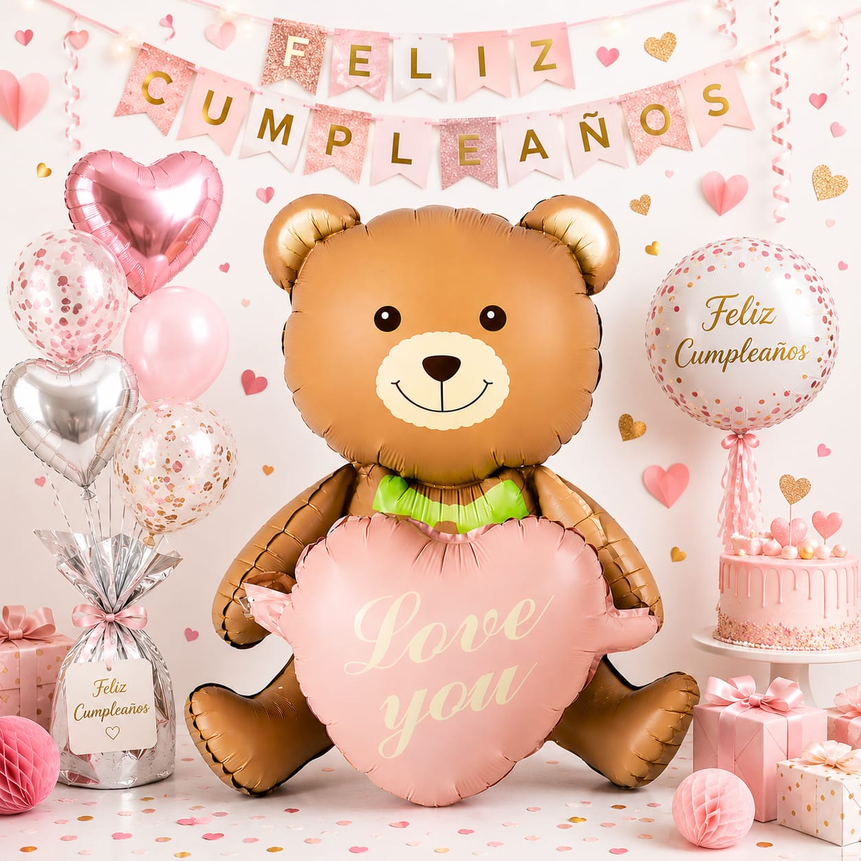 Globo Metalizado Oso con Corazón Love You Gigante 105.5 cm