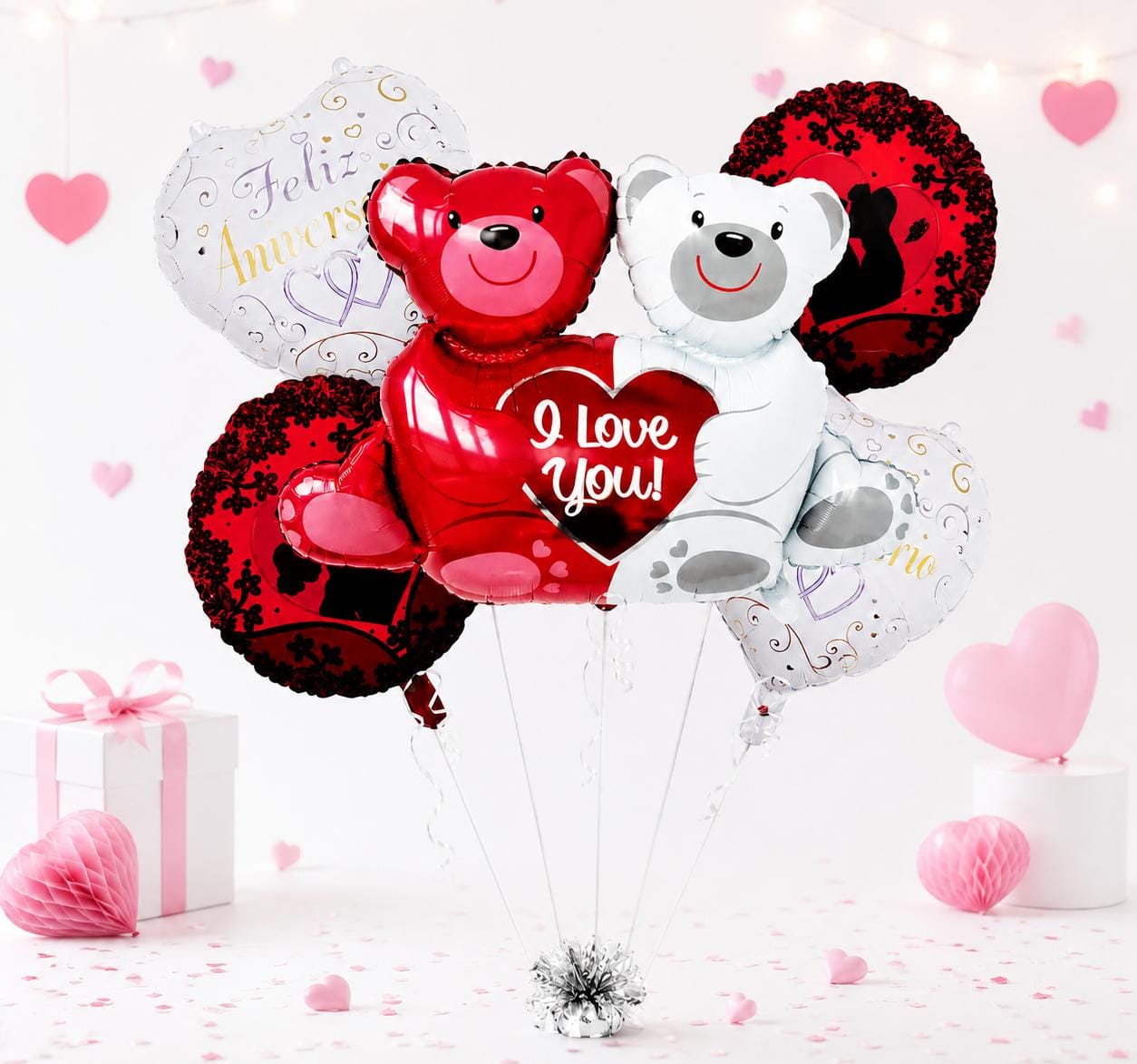 Kit X5 Globos Metalizados Osos Feliz Aniversario I Love you