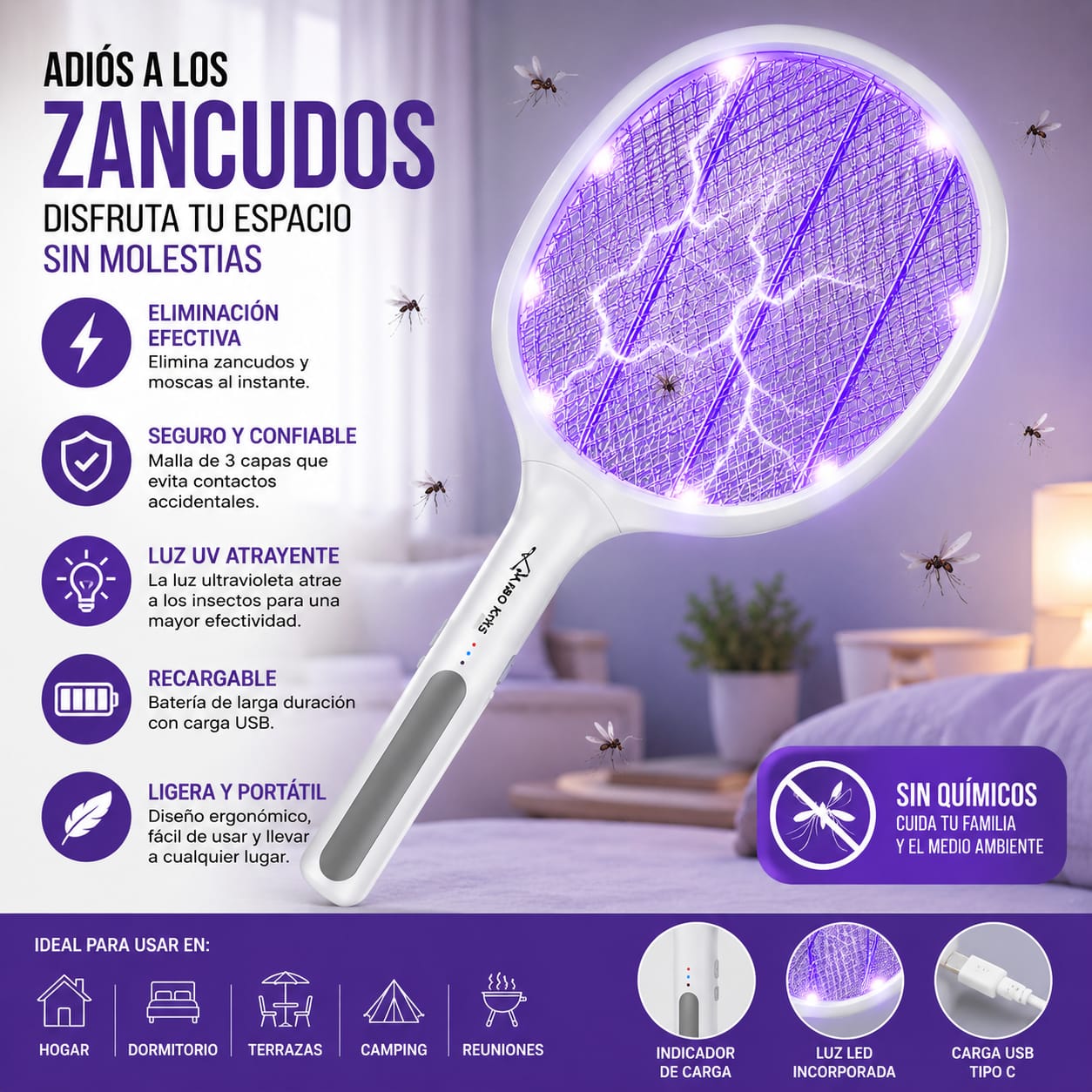 Raqueta Eléctrica para Zancudos y Moscas Recargable USB con Base USB con Base