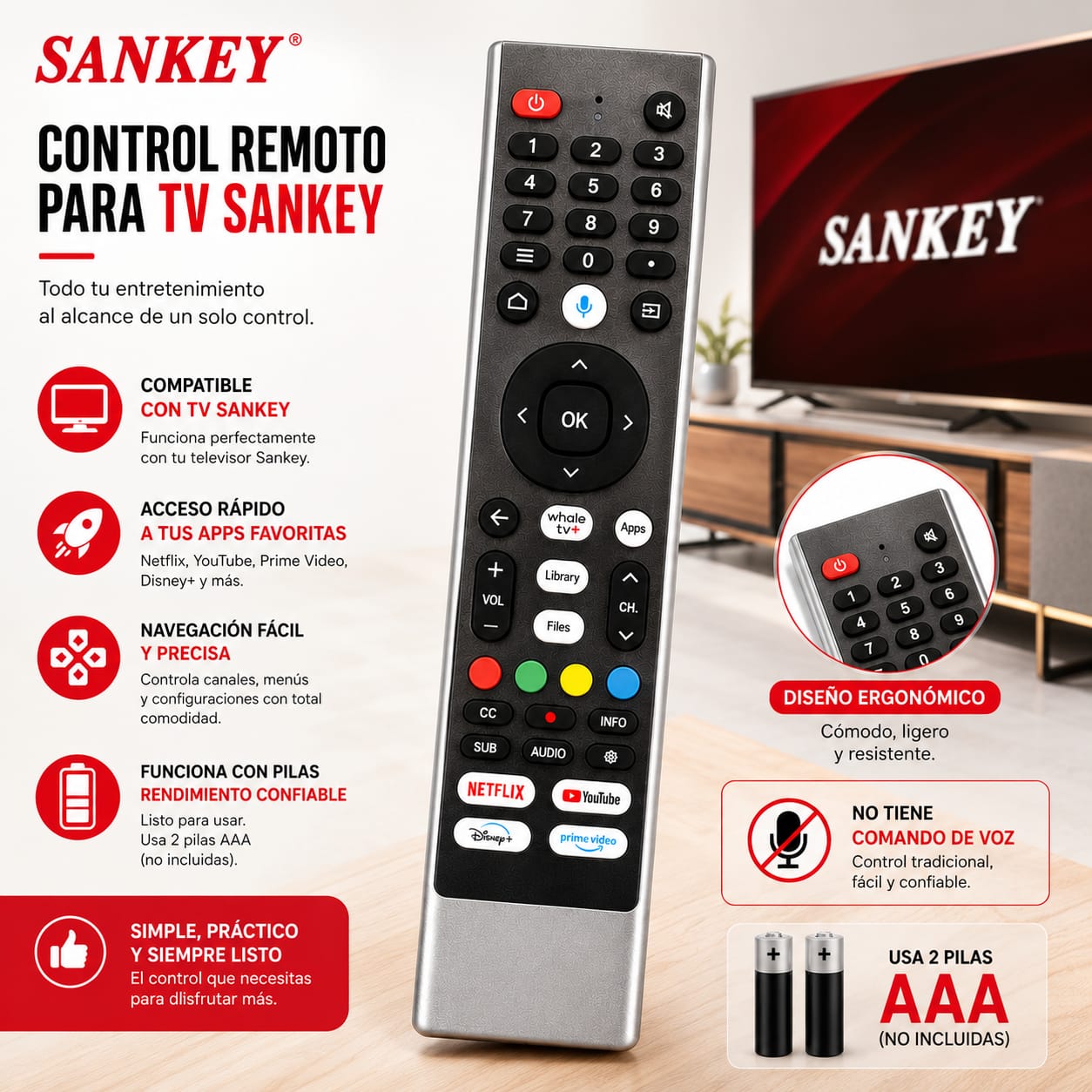 Control Remoto para TV Sankey Smart TV con Accesos Directos a Apps