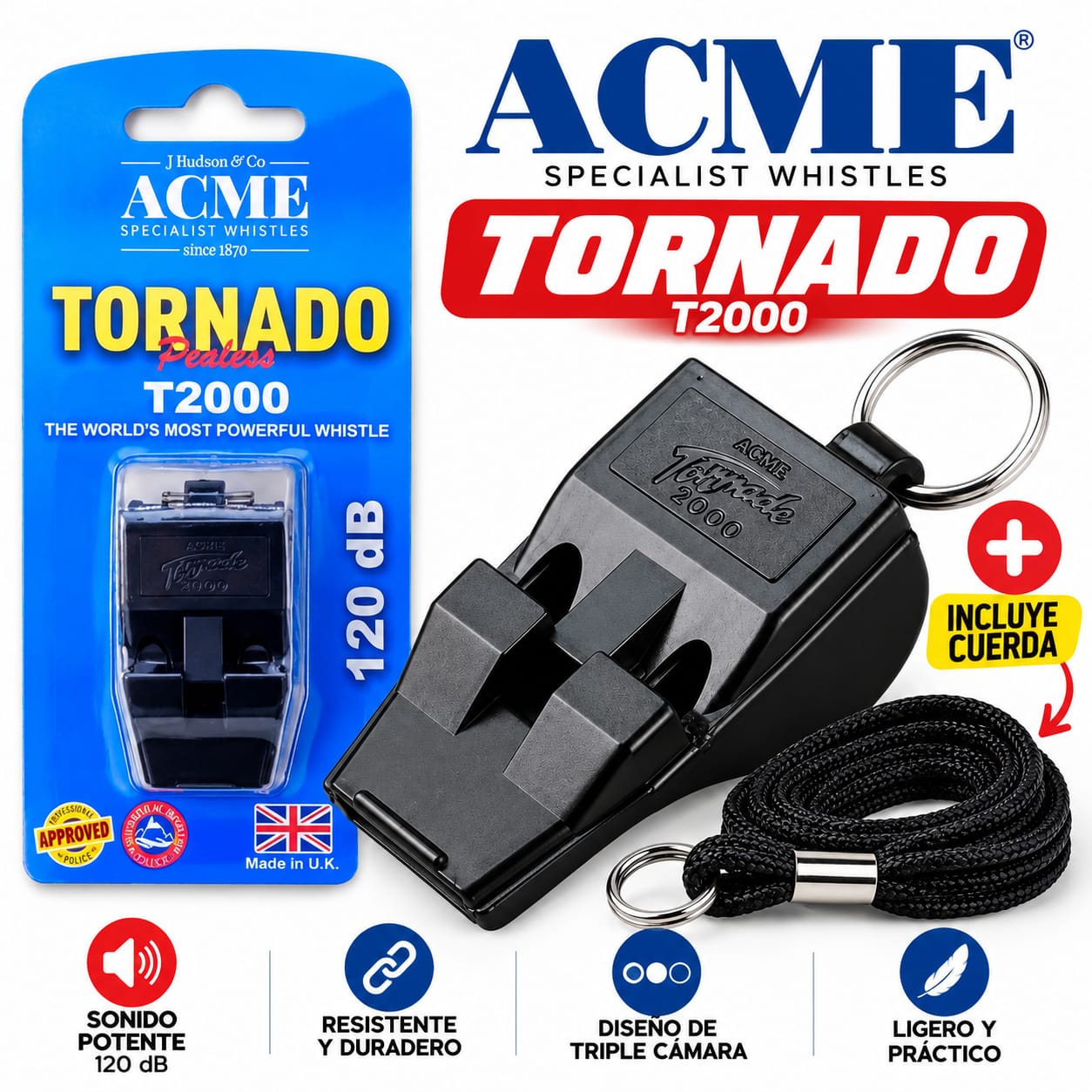 Silbato Profesional ACME Tornado T2000 120 dB con Cuerda Negra