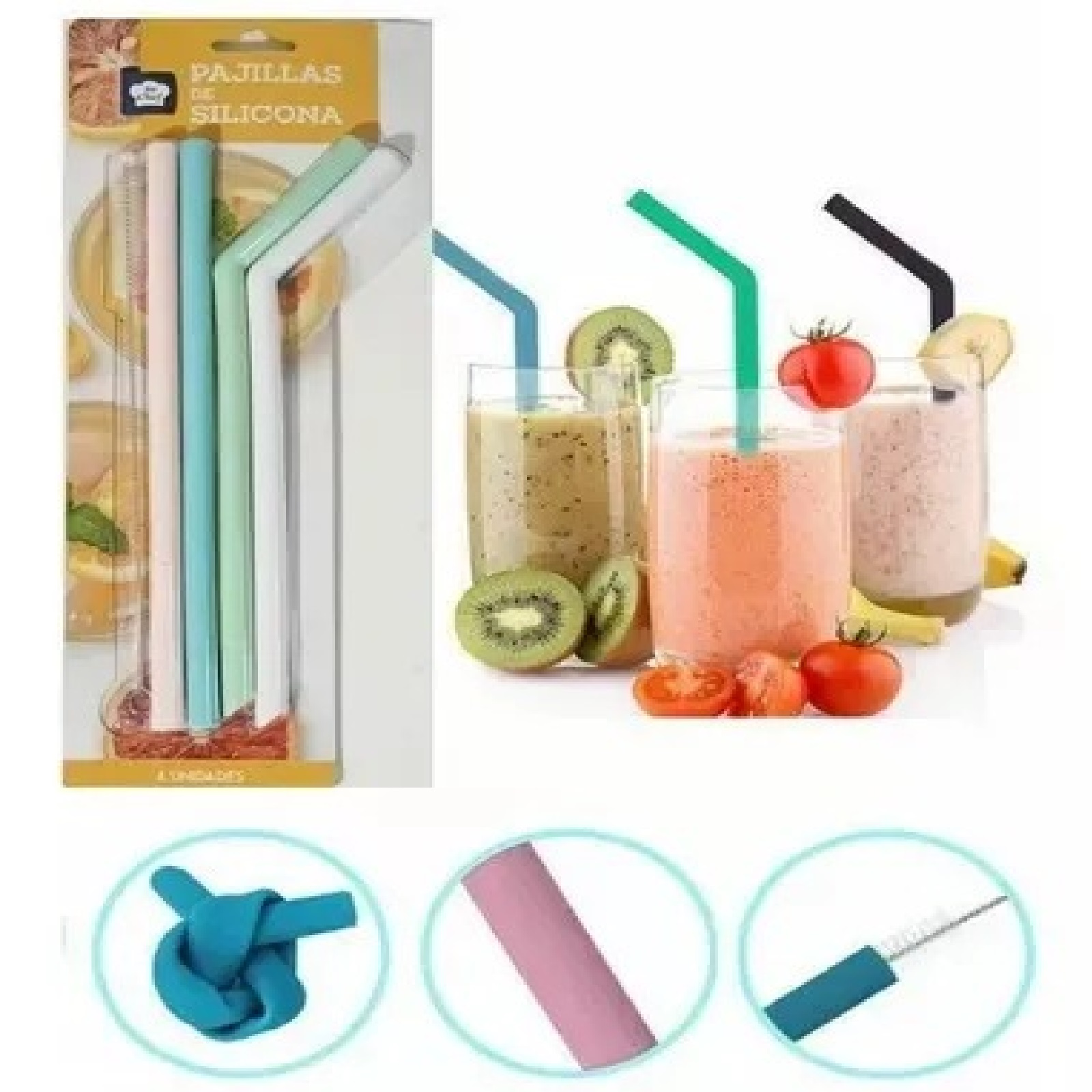 Pajillas De Silicona Flexibles Reutilizables X 4