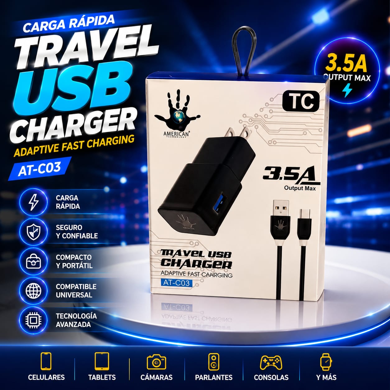 Cargador Rápido Tipo C 3.5A American Technology AT-C03 con Cable USB-C