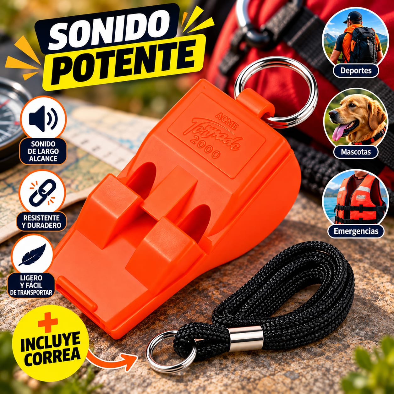Silbato ACME Tornado 2000 Naranja con Correa Negra