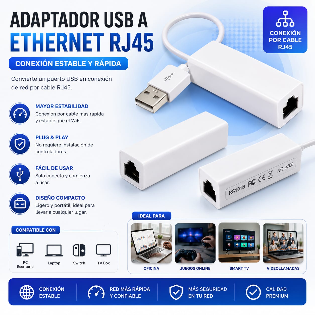 Adaptador USB 2.0 a Ethernet RJ45 Red LAN Plug & Play
