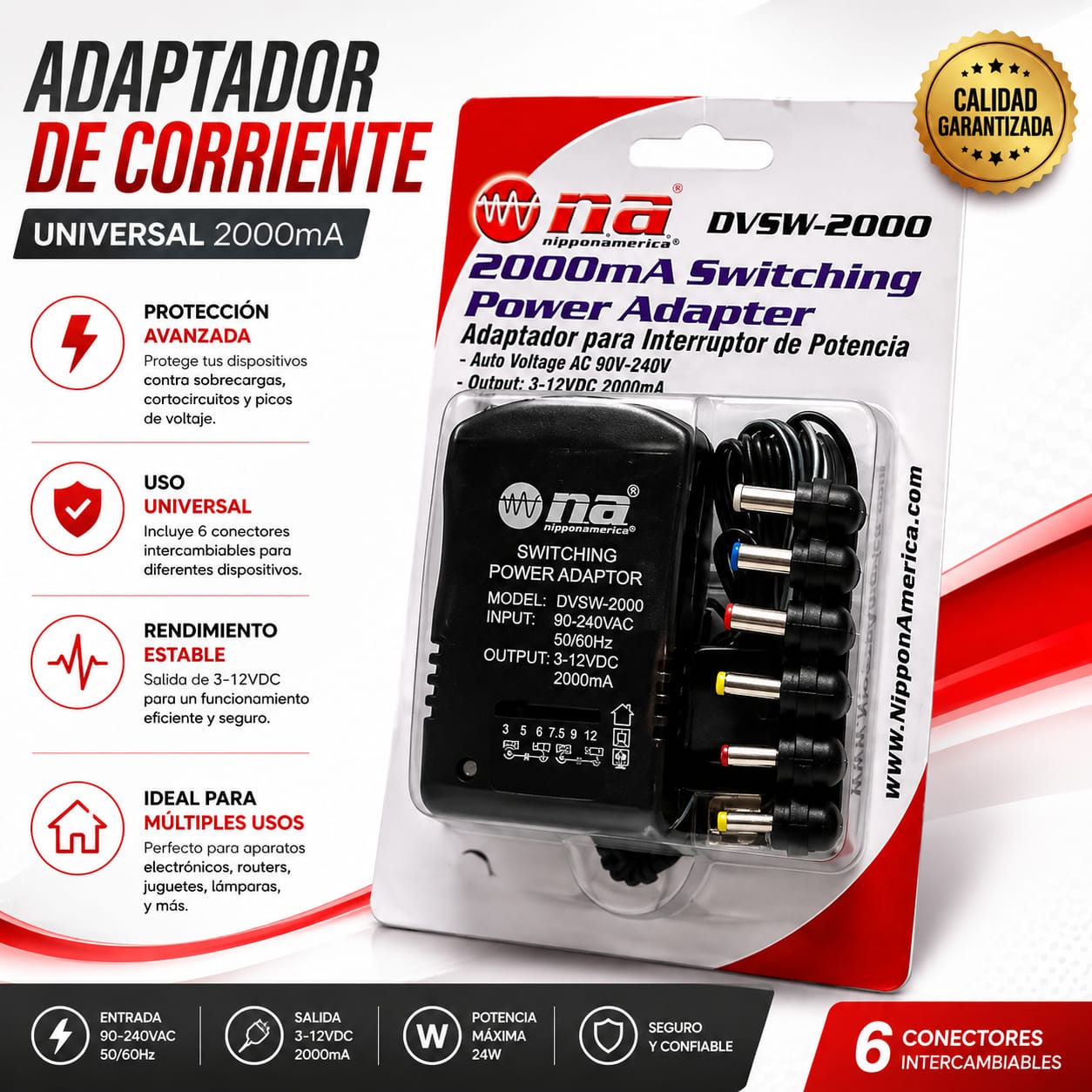 Adaptador de Corriente Universal 3V a 12V 2000mA 24W con 6 Conectores