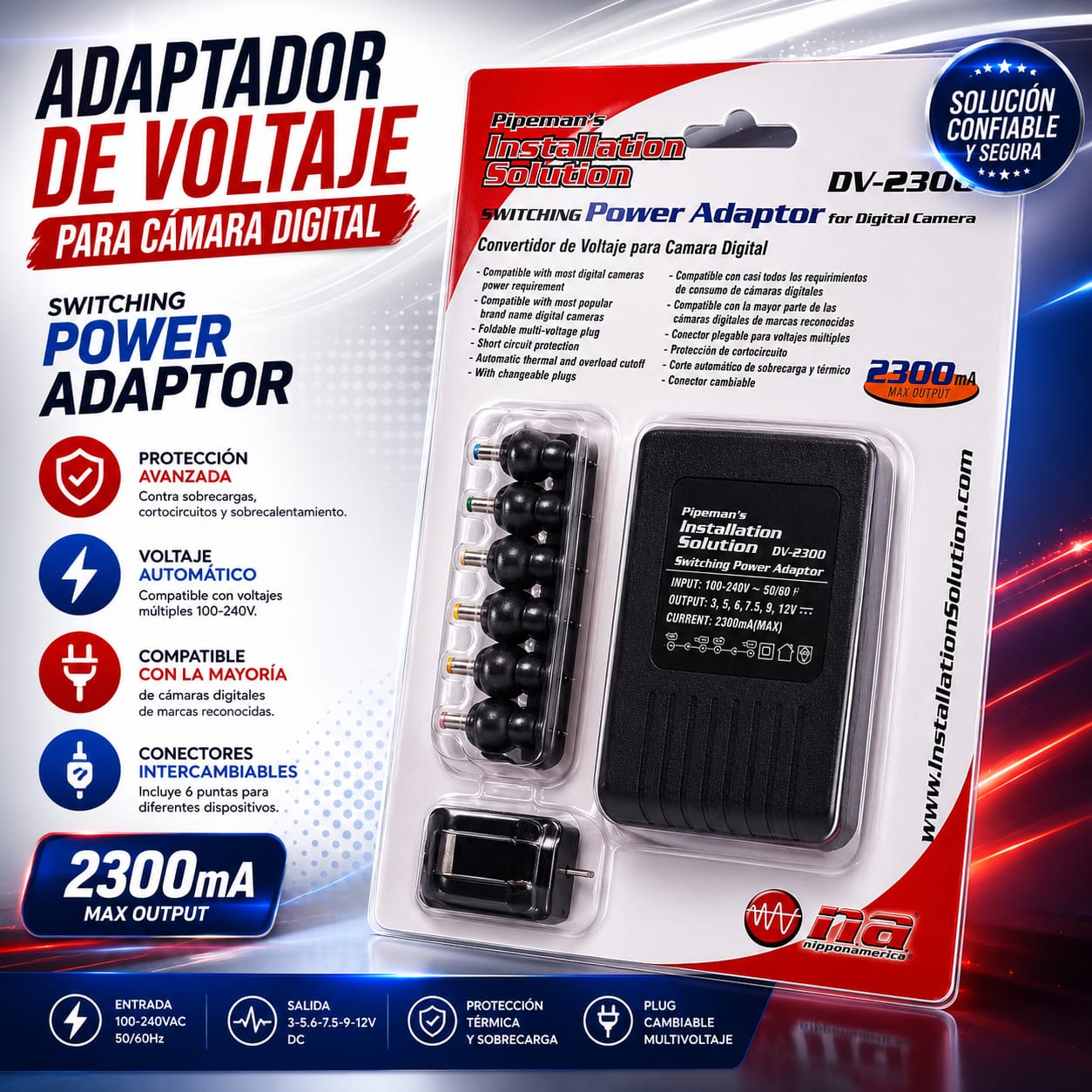 Adaptador de Voltaje Universal 3V a 12V 2300mA con 6 Conectores DV-2300