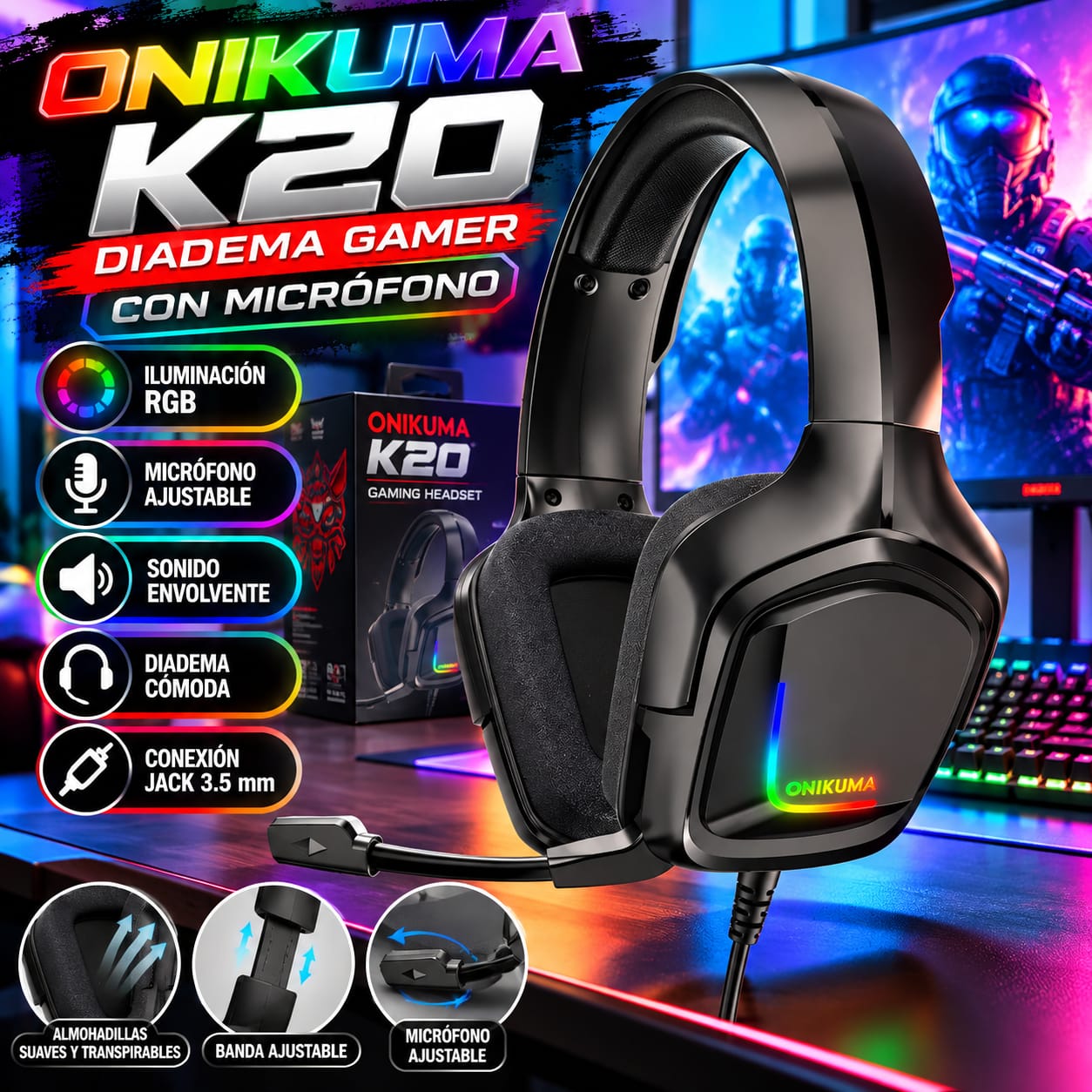 Diadema Gamer Onikuma K20 con Micrófono e Iluminación RGB