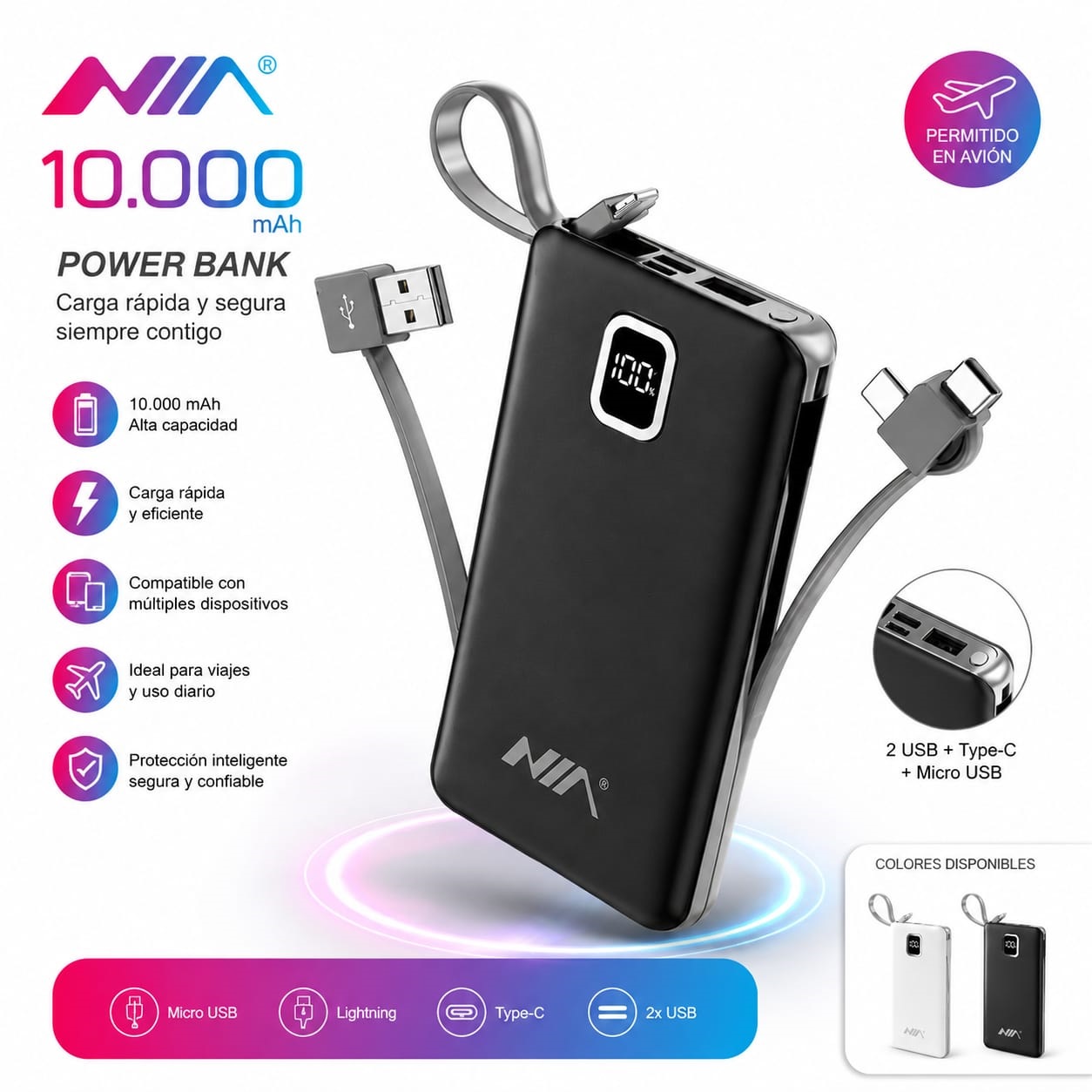 Power Bank NIA 10.000 mAh con Cables Integrados y Pantalla Digital