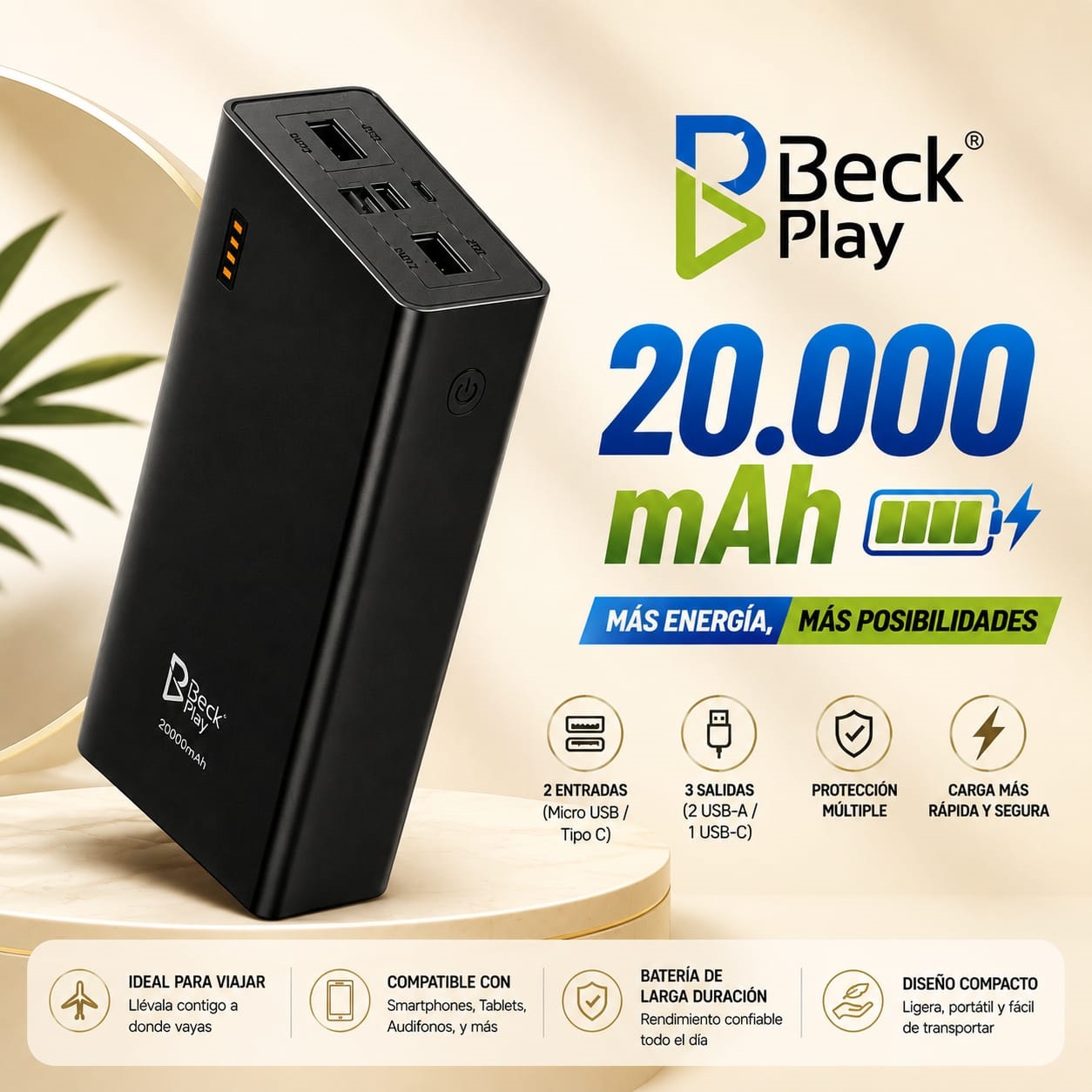Power Bank Beck Play 20.000 mAh BP-PB17 / 3 Salidas