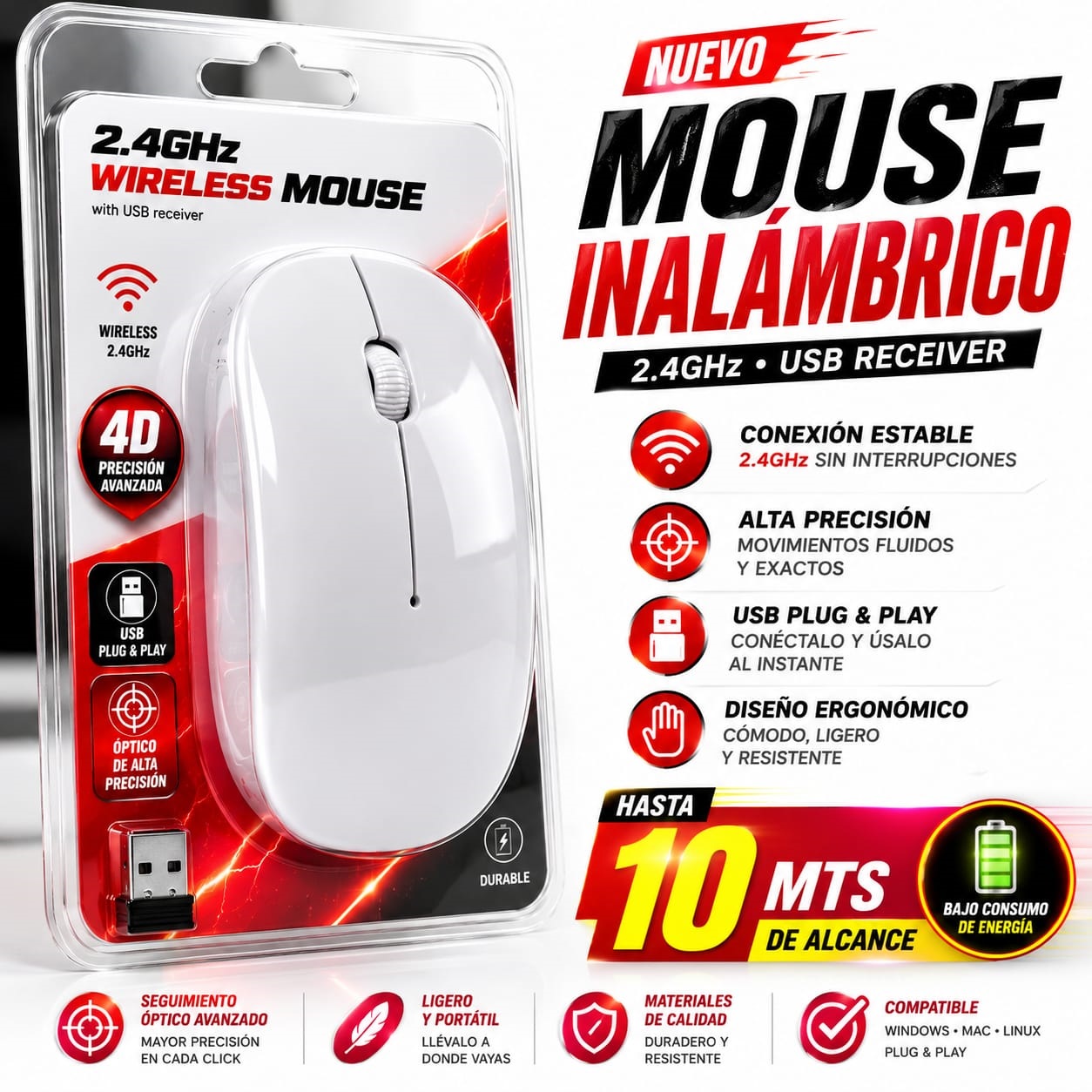 Mouse Inalámbrico Blanco DJ-123 2.4GHz USB Portátil