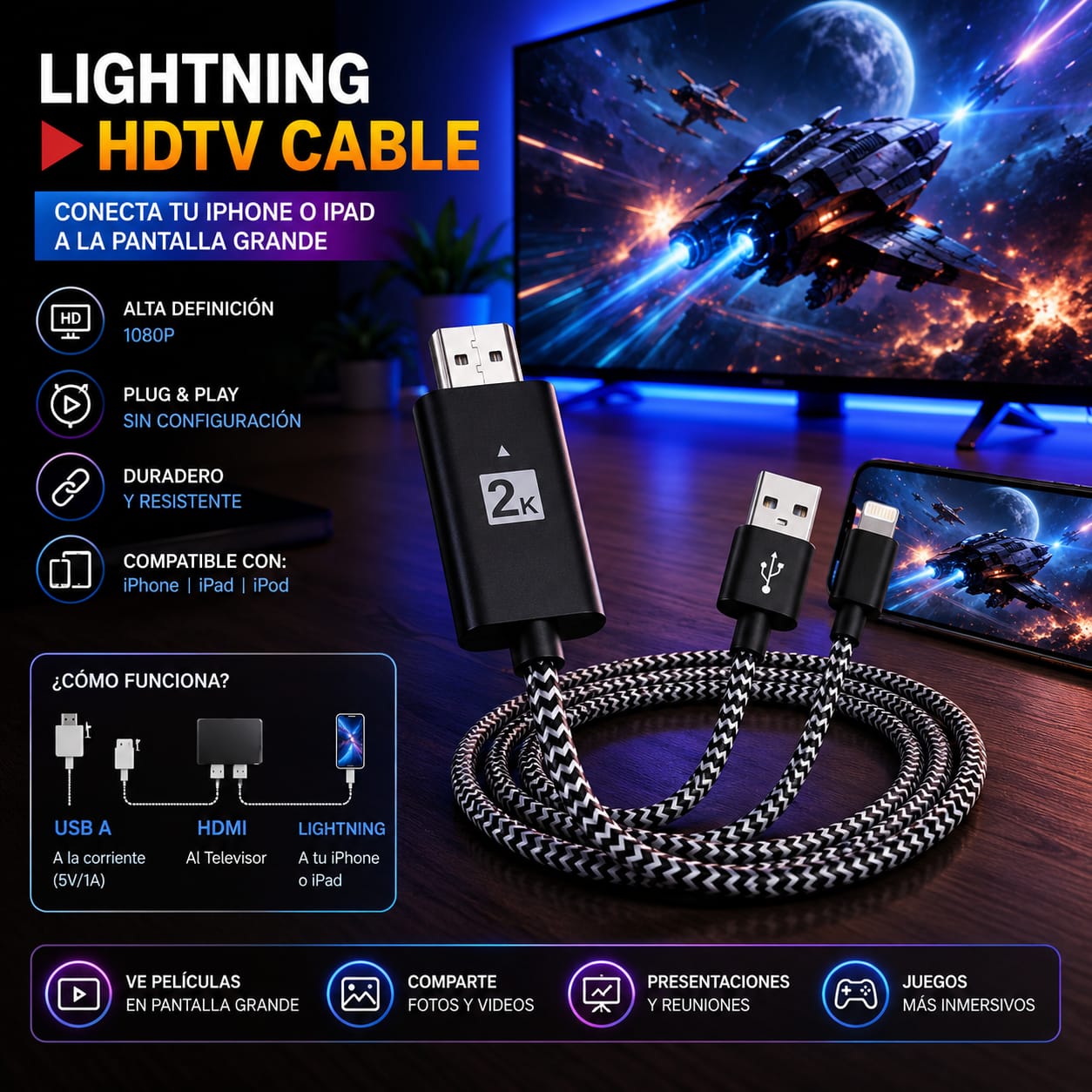 Cable Adaptador Lightning a HDMI con alimentación USB