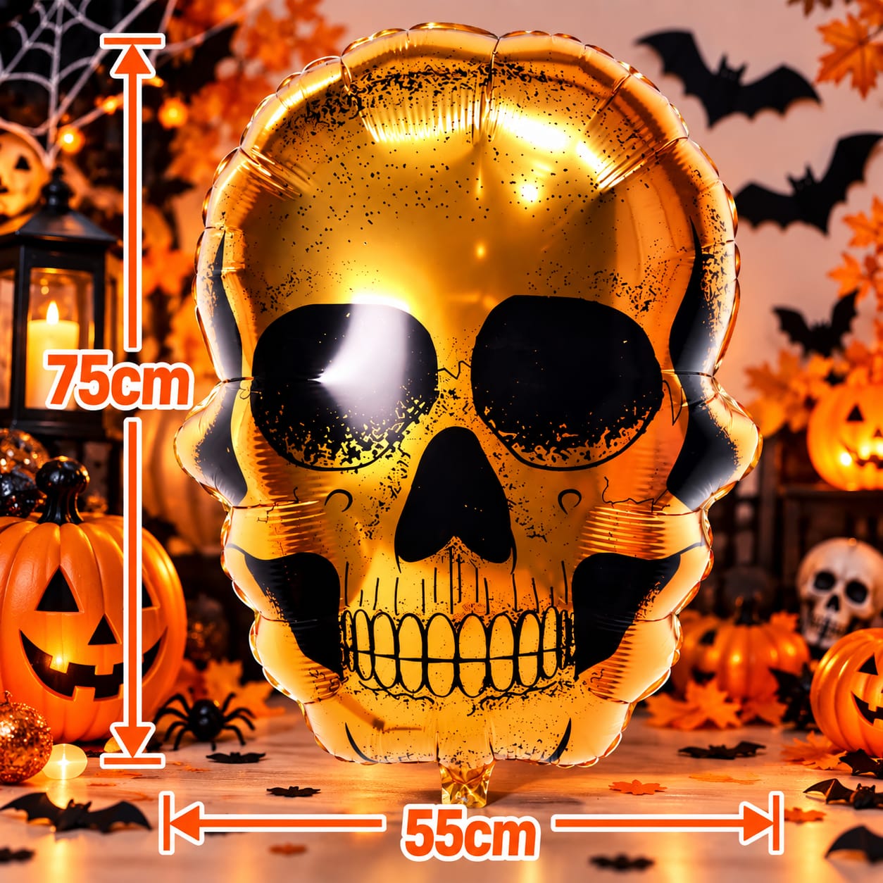 Globo Metalizado Grande Calavera Halloween Dorada 75x55 cm