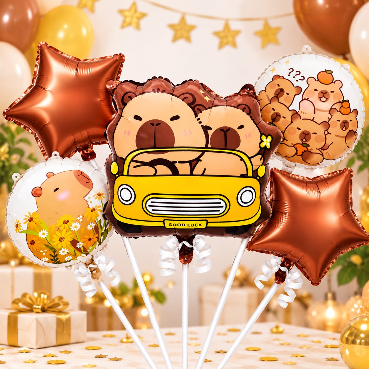 Bouquet X5 Globos Metalizados CapiBara' en Carro