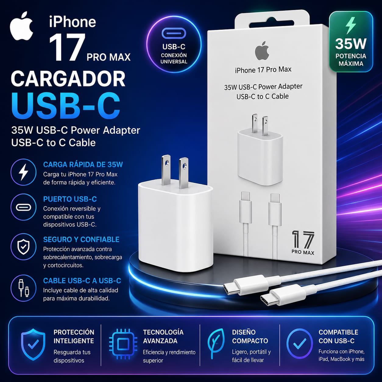 Cargador USB-C 35W para iPhone 17 Pro Max con Cable USB-C a USB-C