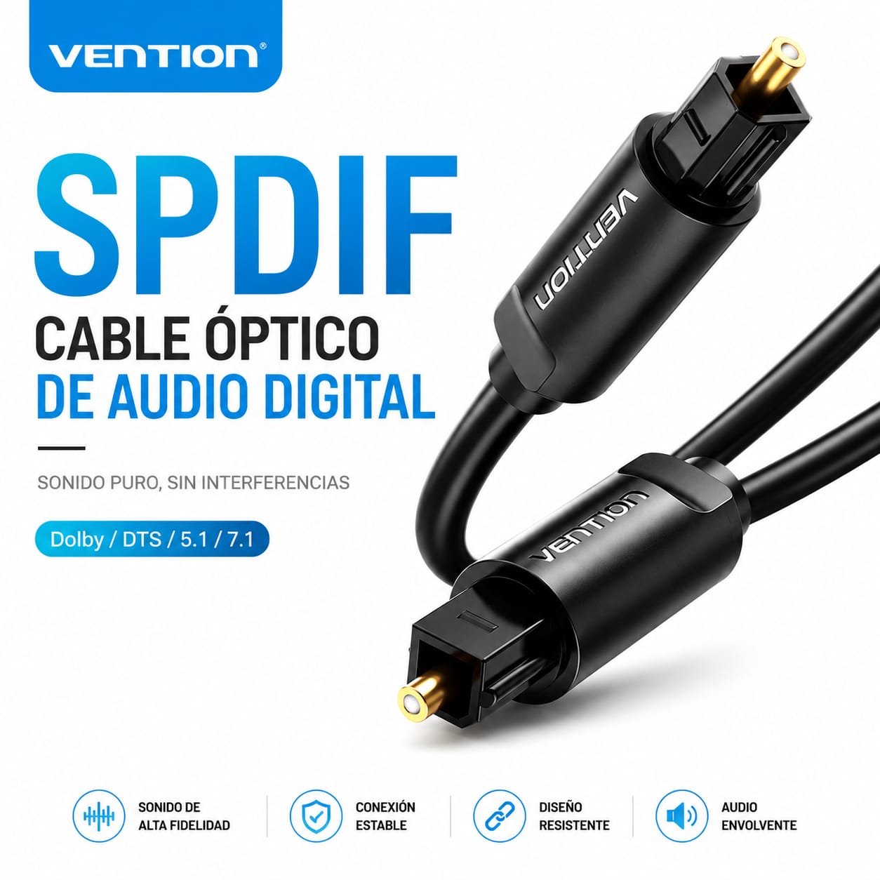 Cable Óptico de Audio Digital 5 Metros Negro para TV Barra de Sonido y Amplificador