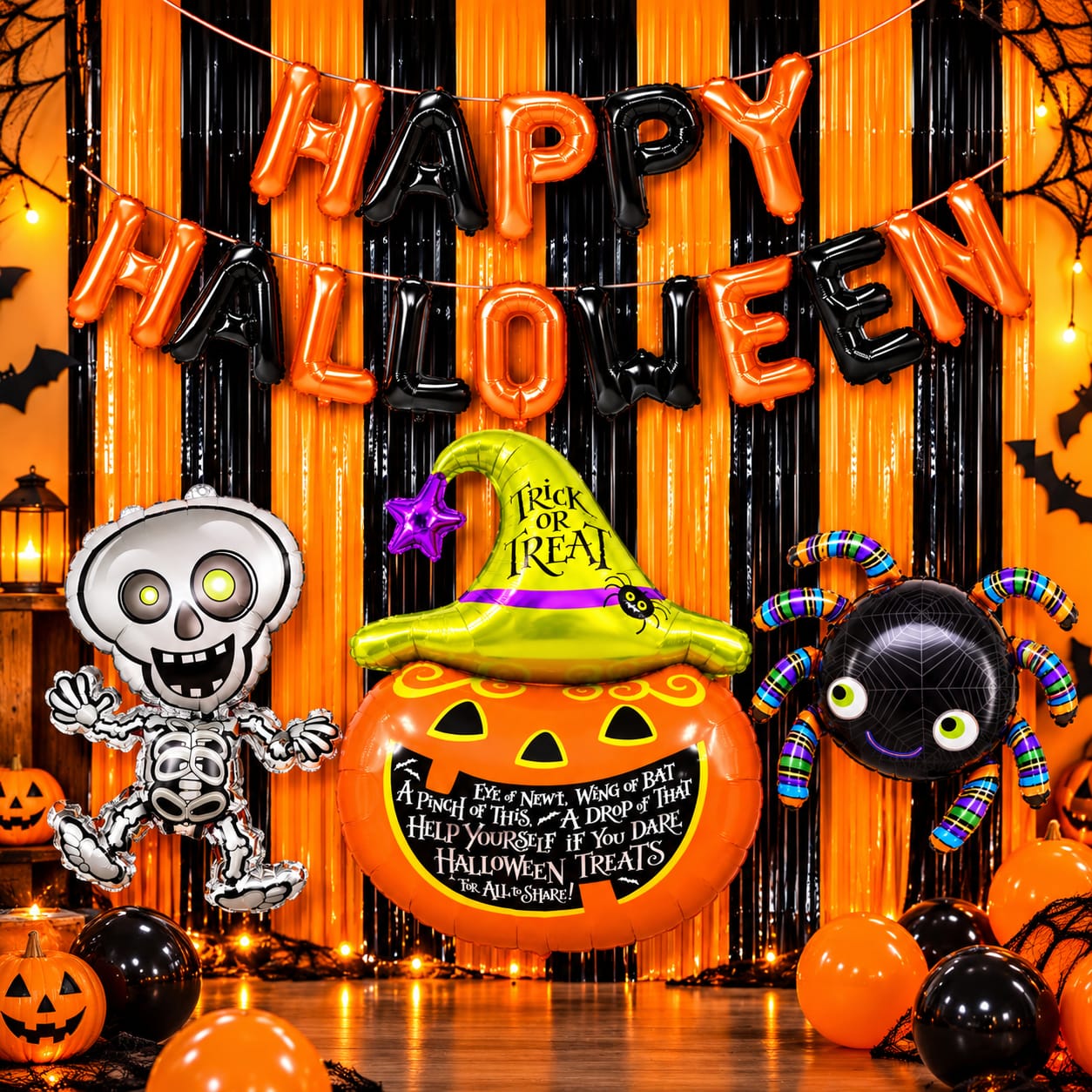 Kit Decoración Halloween X6 unidades 2 Cortinas  + 4 Globos