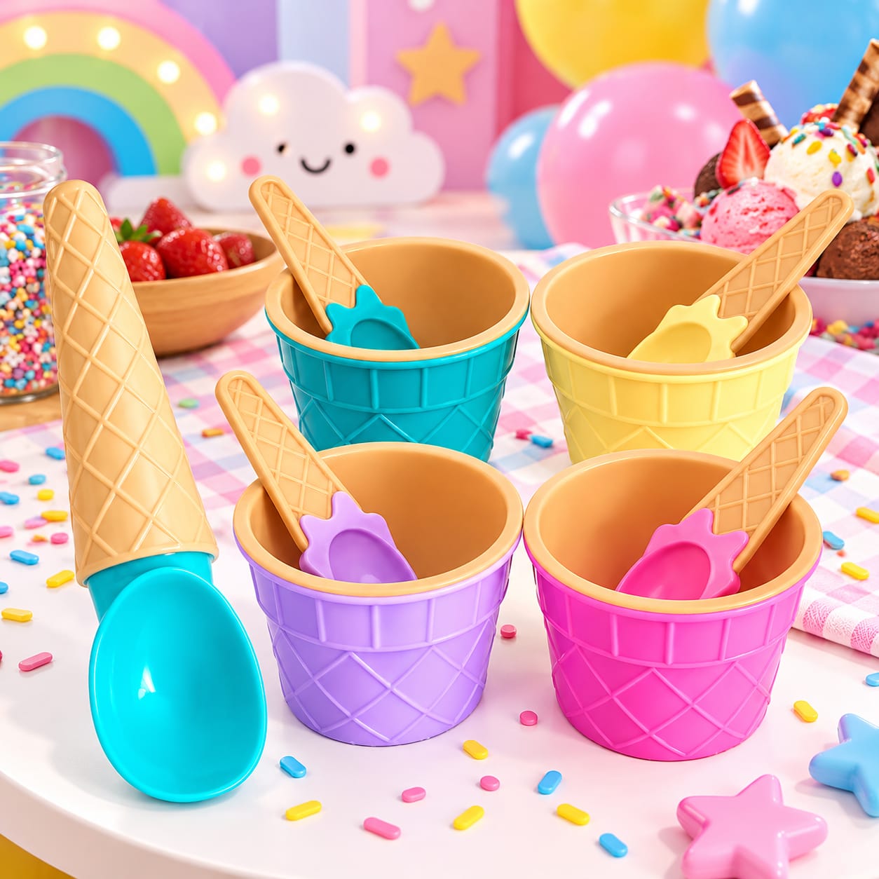 Set de Helados Infantil 9 Piezas con 4 Tacitas, 4 Cucharitas y Cuchara para Servir Helado