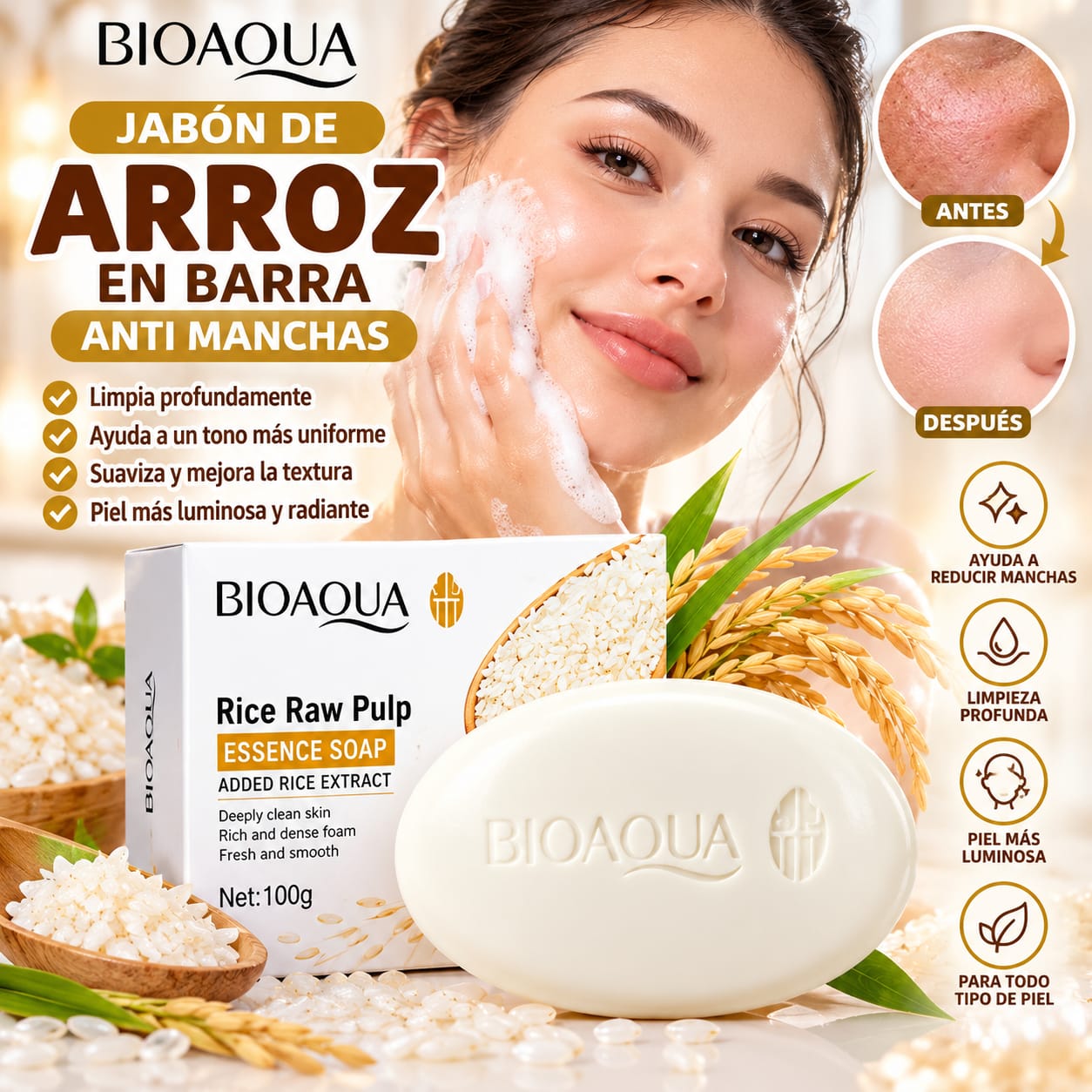 Jabón Facial de Arroz en Barra BIOAQUA 100 g