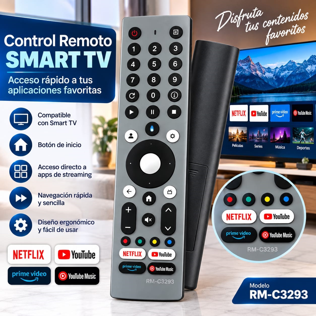 Control Remoto JVC Smart TV RM-C3293 con Accesos Directos a Aplicaciones