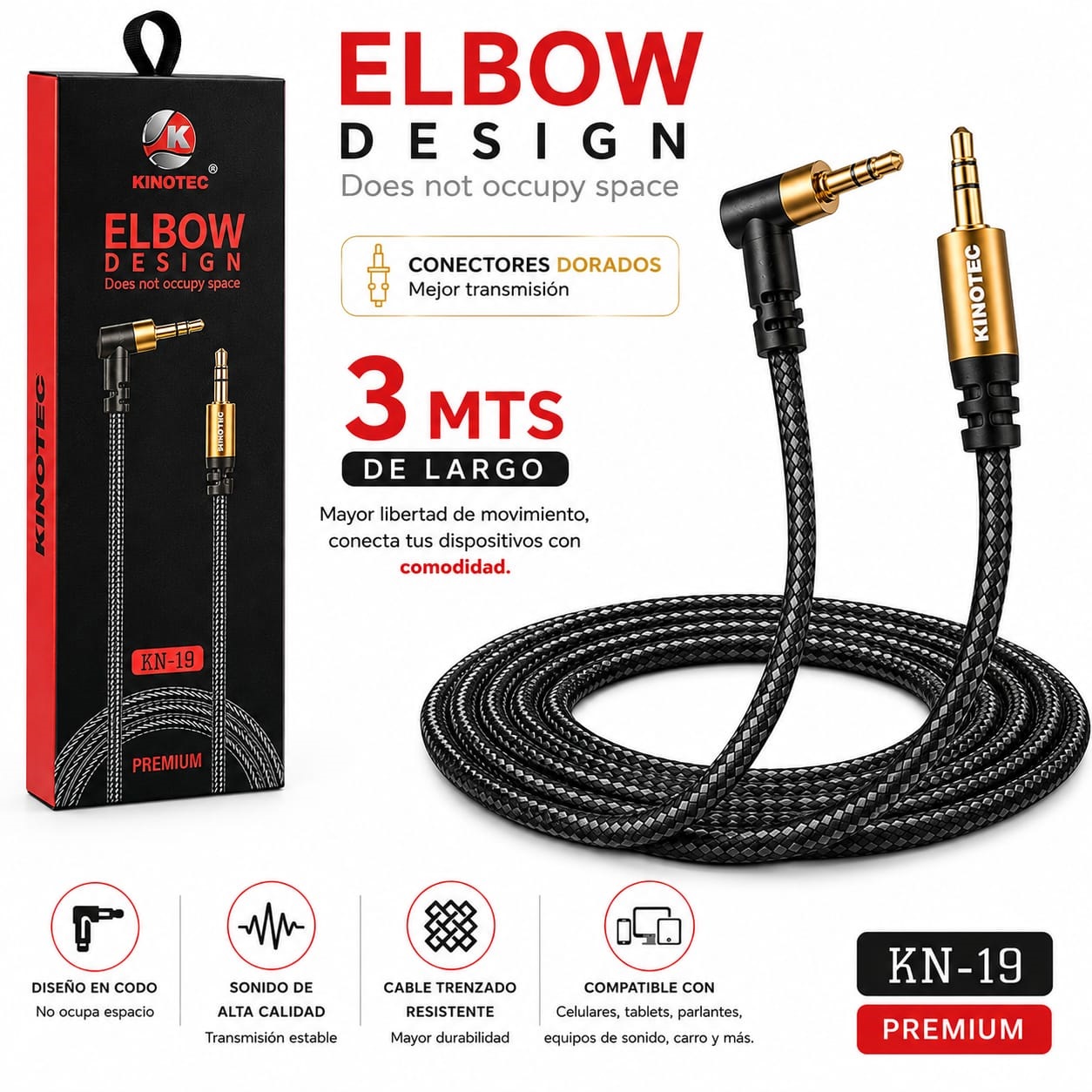 Cable Auxiliar 3.5 mm Kinotec KN-19 de 3 Metros Trenzado con Conector en Codo