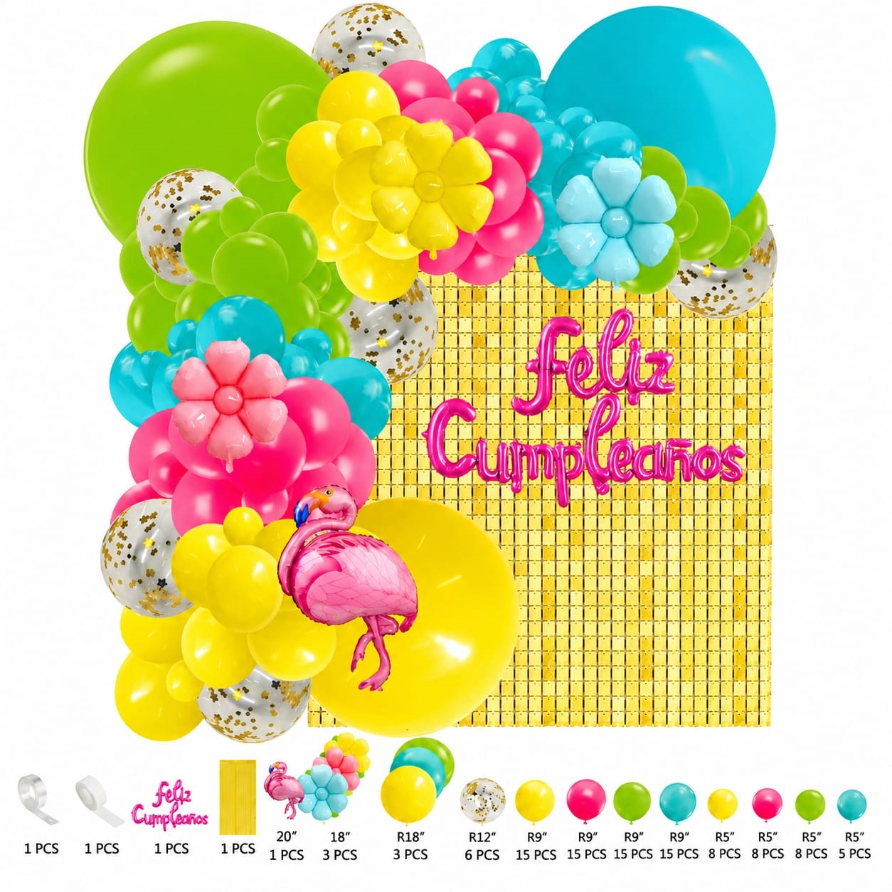 Kit Arco de Globos Tropical Hawaiano x100 Piezas con Flamenco