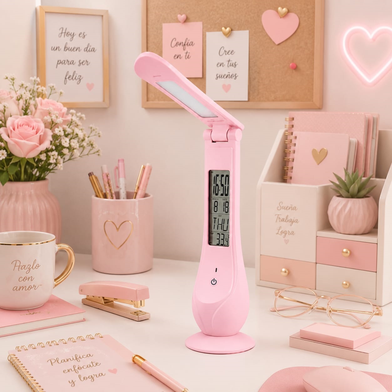 Lámpara LED Recargable Plegable Rosa Con Reloj, Calendario y Termómetro