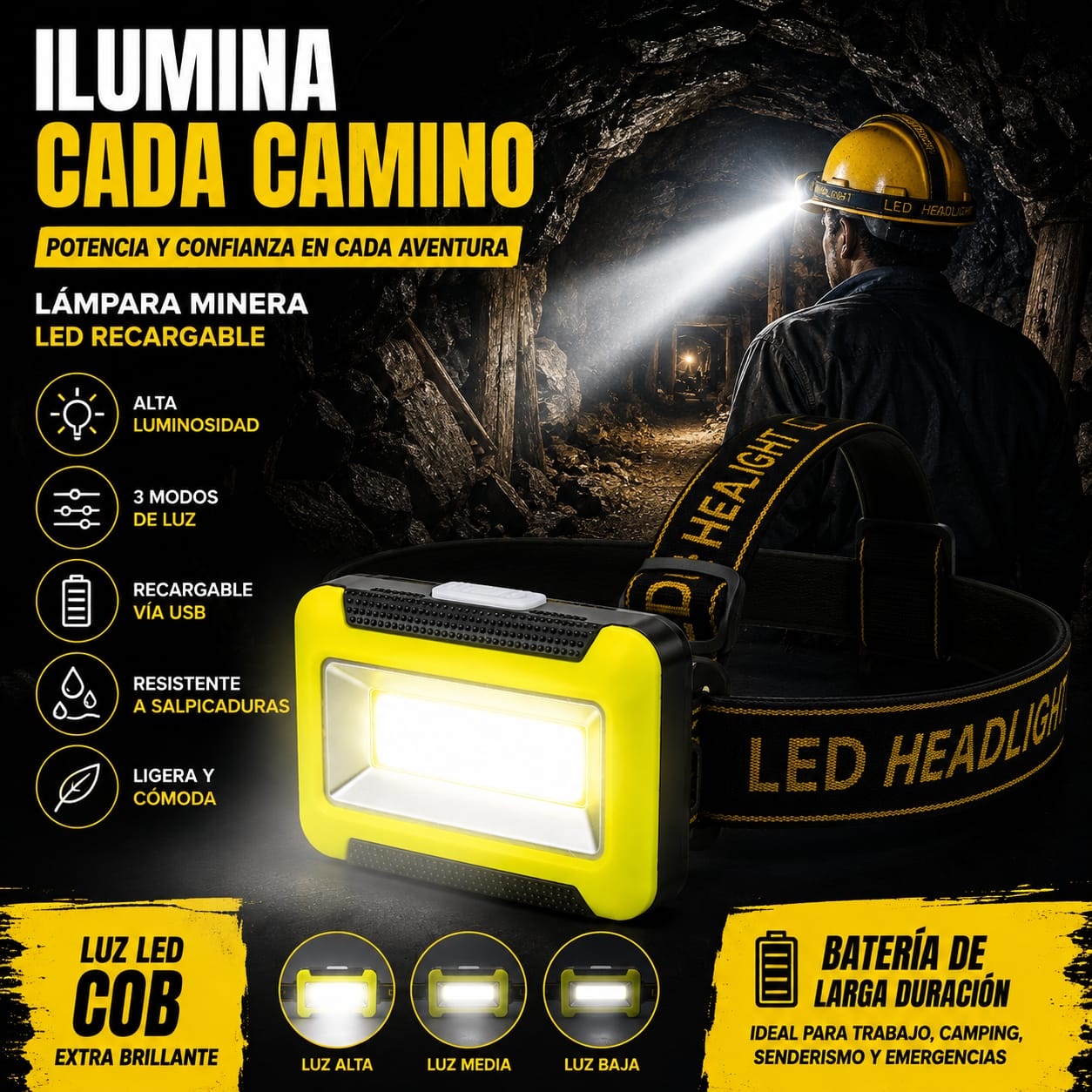 Lámpara Minera LED con Pilas incluidas Cinta Ajustable CY-2068
