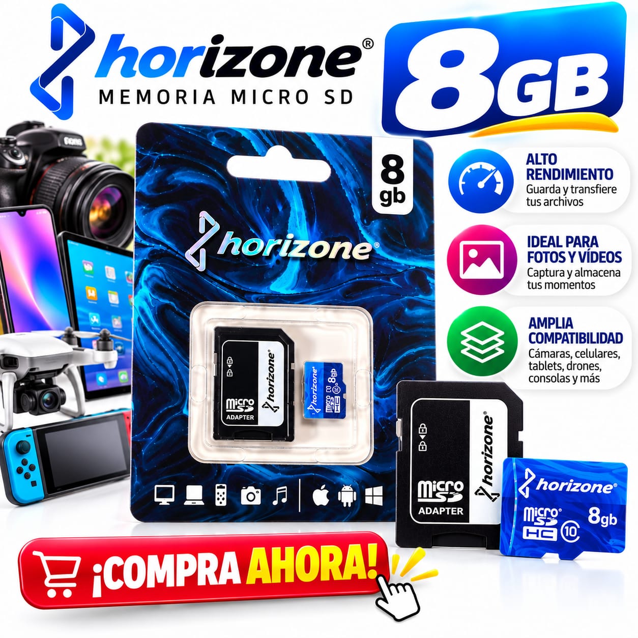 Memoria Micro SD Horizone 8GB con Adaptador SD