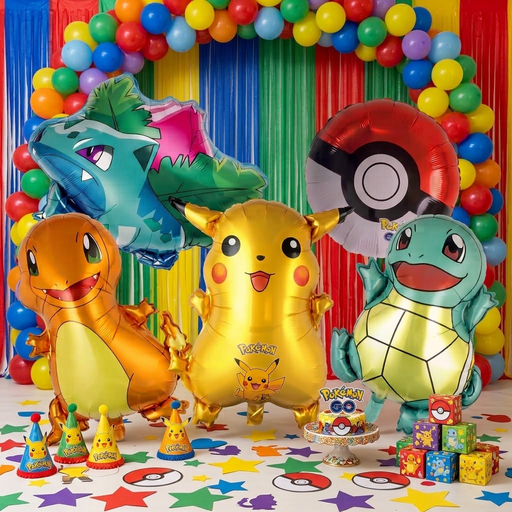 Kit X5 Globos Metalizados Pokémon Pikachu Charmander Squirtle