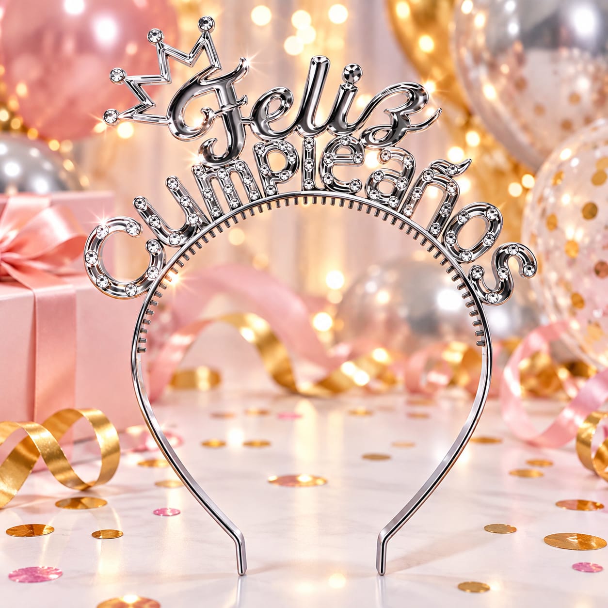Diadema Feliz Cumpleaños con Corona Plateada