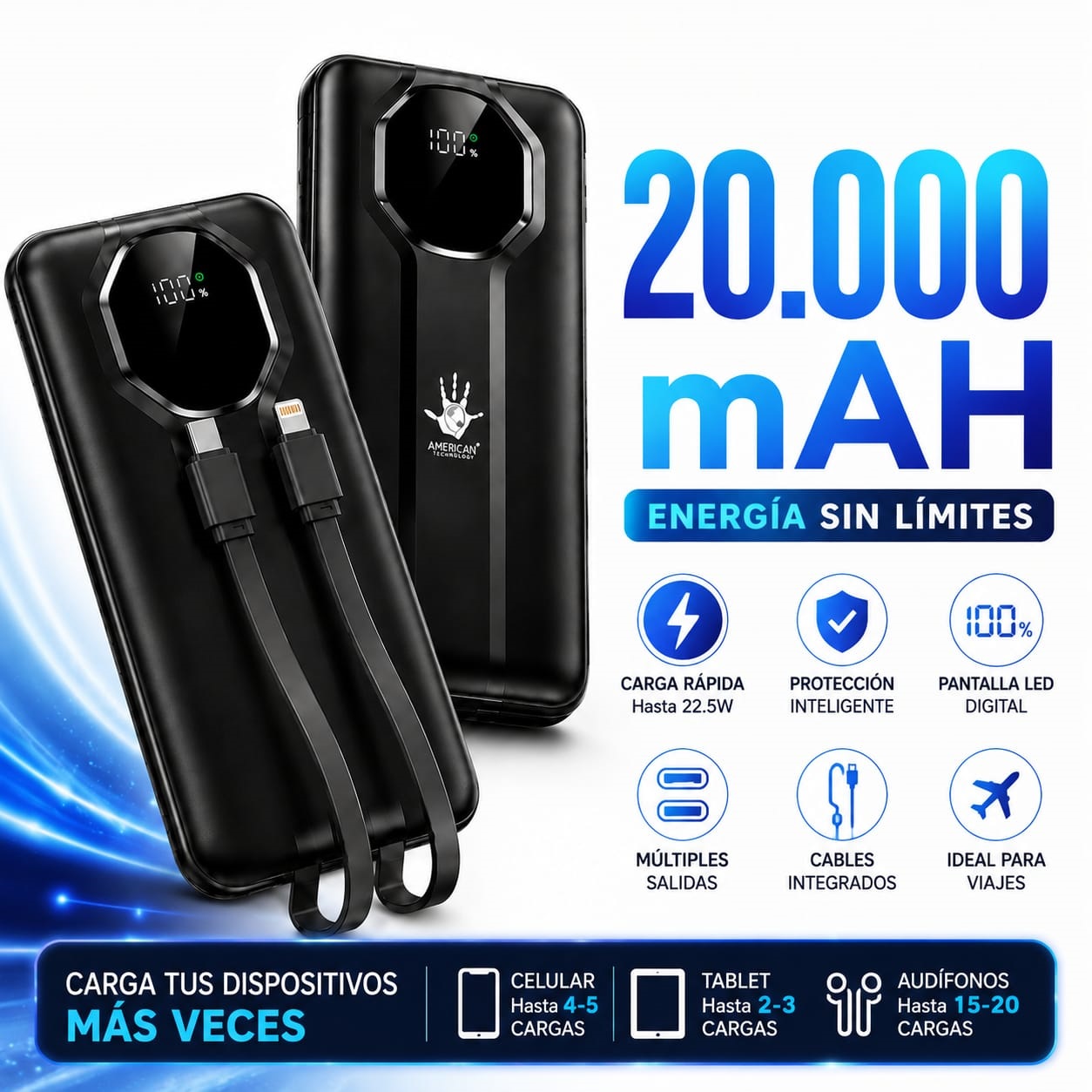 Power Bank 20.000 mAh Cables Integrados Pantalla Digital AMERICAN