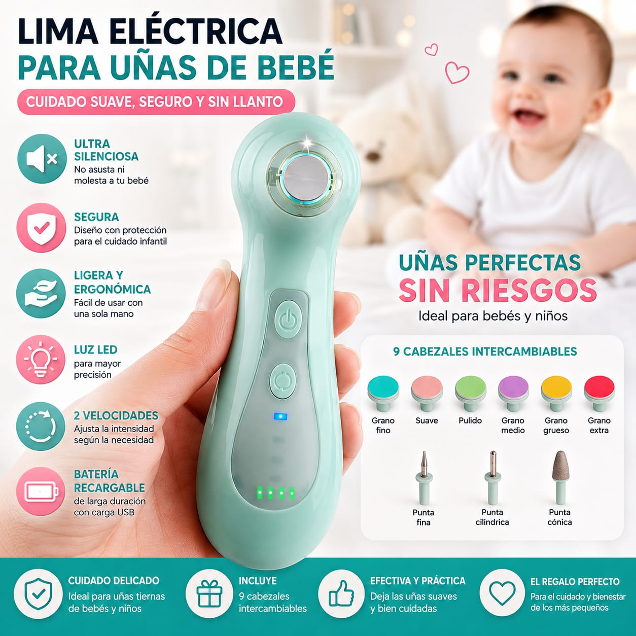 Pulidor de Uñas Recargable para Bebé con USB y 9 Cabezales - Verde