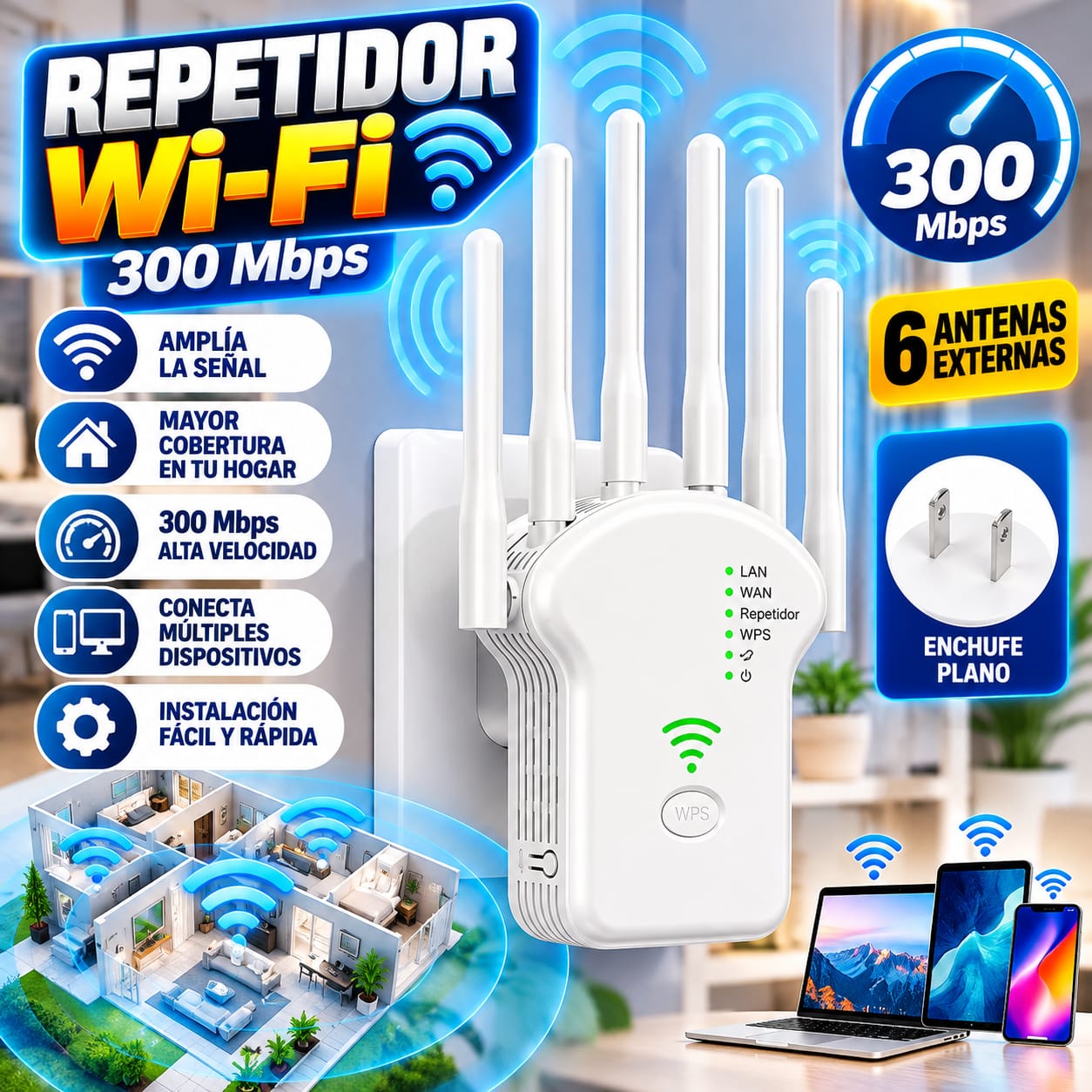 Repetidor y Amplificador de Señal Wi-Fi de 300 Mbps con 6 Antenas