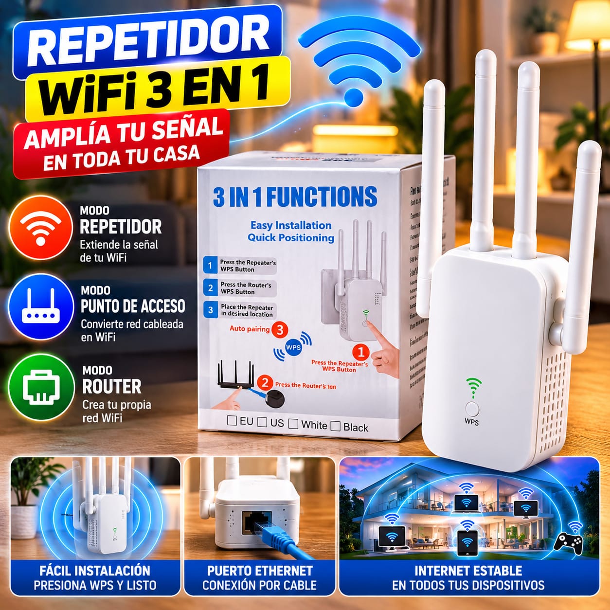 Repetidor WiFi 3 en 1 300 Mbps 4 Antenas WPS Router AP