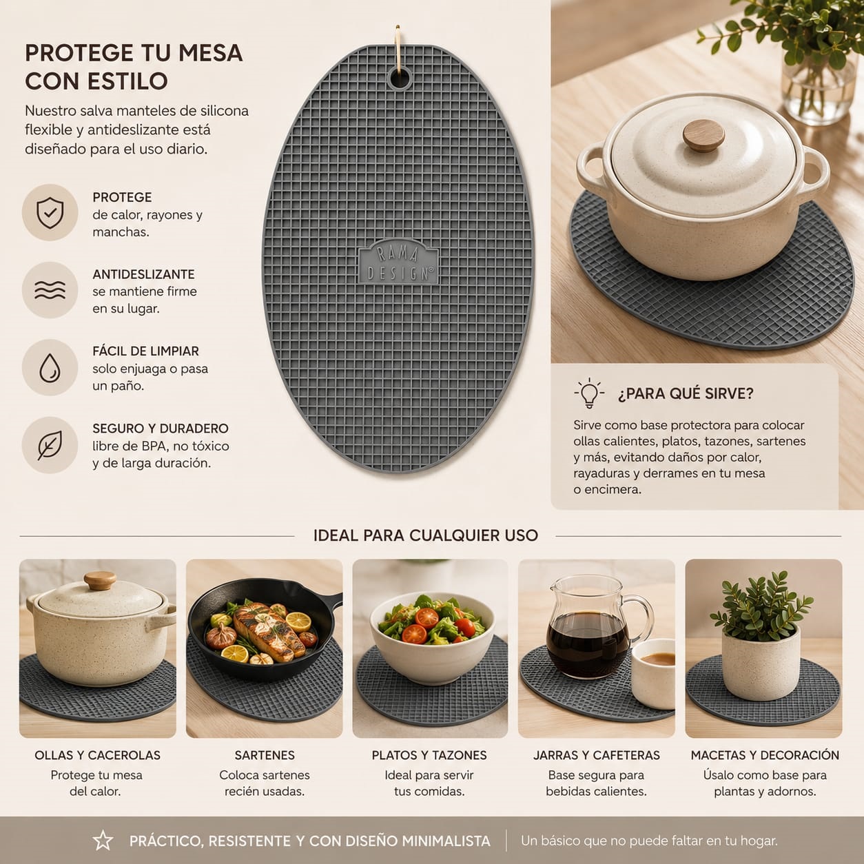 Salva Manteles de Silicona Flexible Antideslizante Protector Térmico para Ollas, Sartenes y Mesa