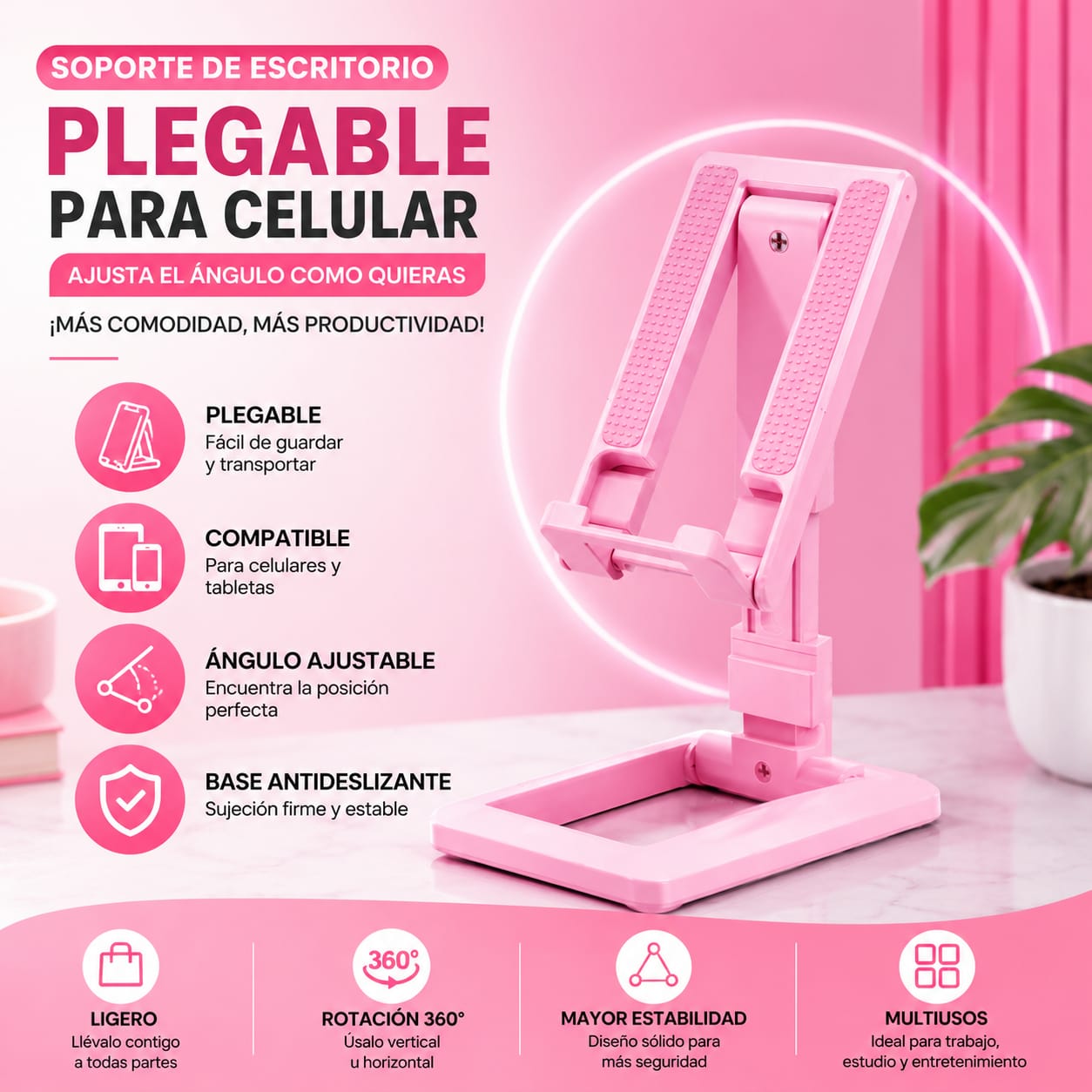 Soporte Plegable para Celular y Tablet Ajustable de Escritorio Rosa