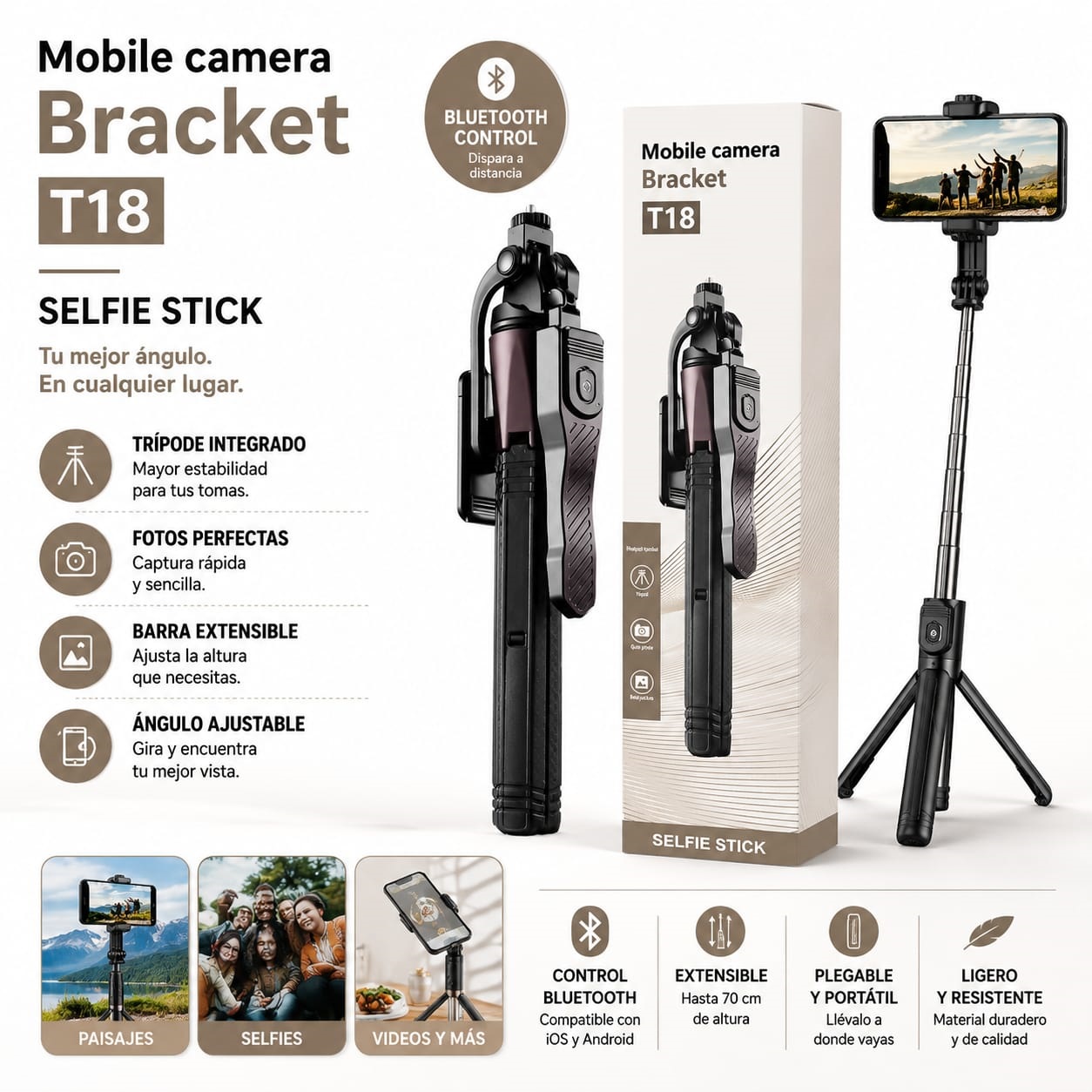 Selfie Stick T18 Con Trípode Bluetooth 1.7M Control Remoto Premium