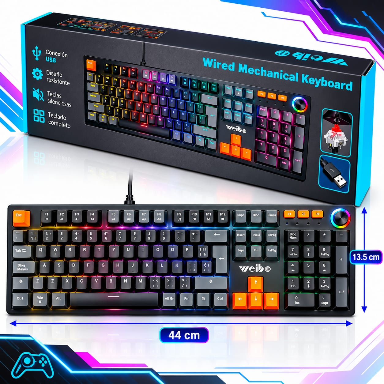 Teclado Gamer Mecánico Weibo WB-555 RGB Español Letra Ñ