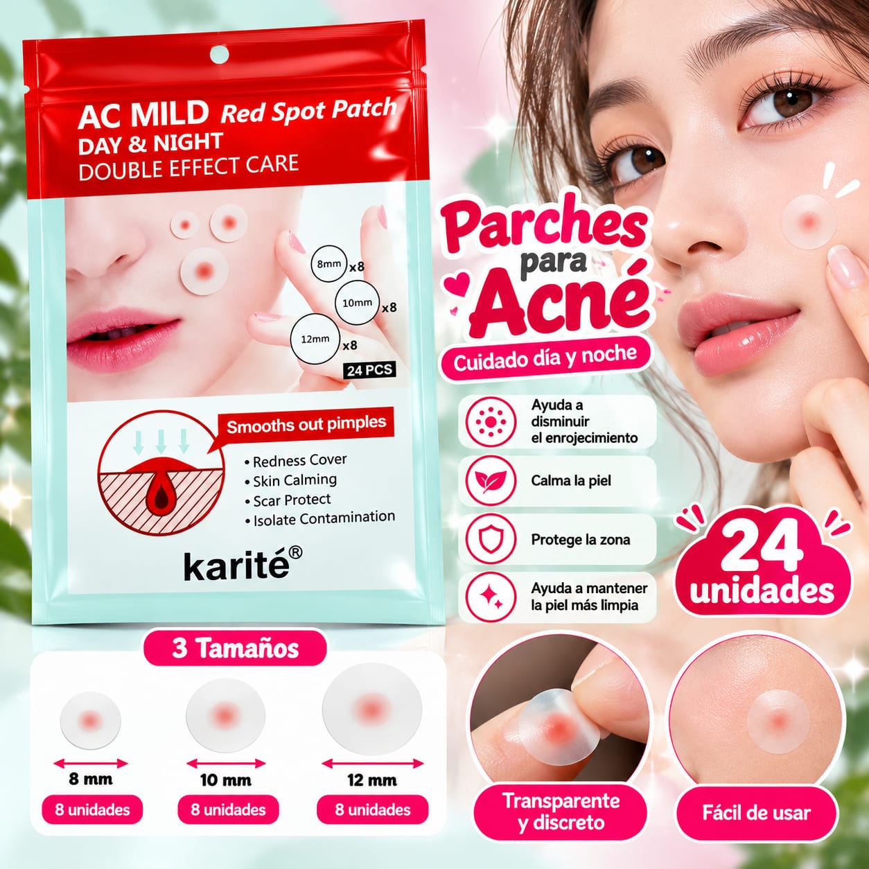 Parches Cosméticos Faciales Transparentes 24 Unidades – 3 Tamaños