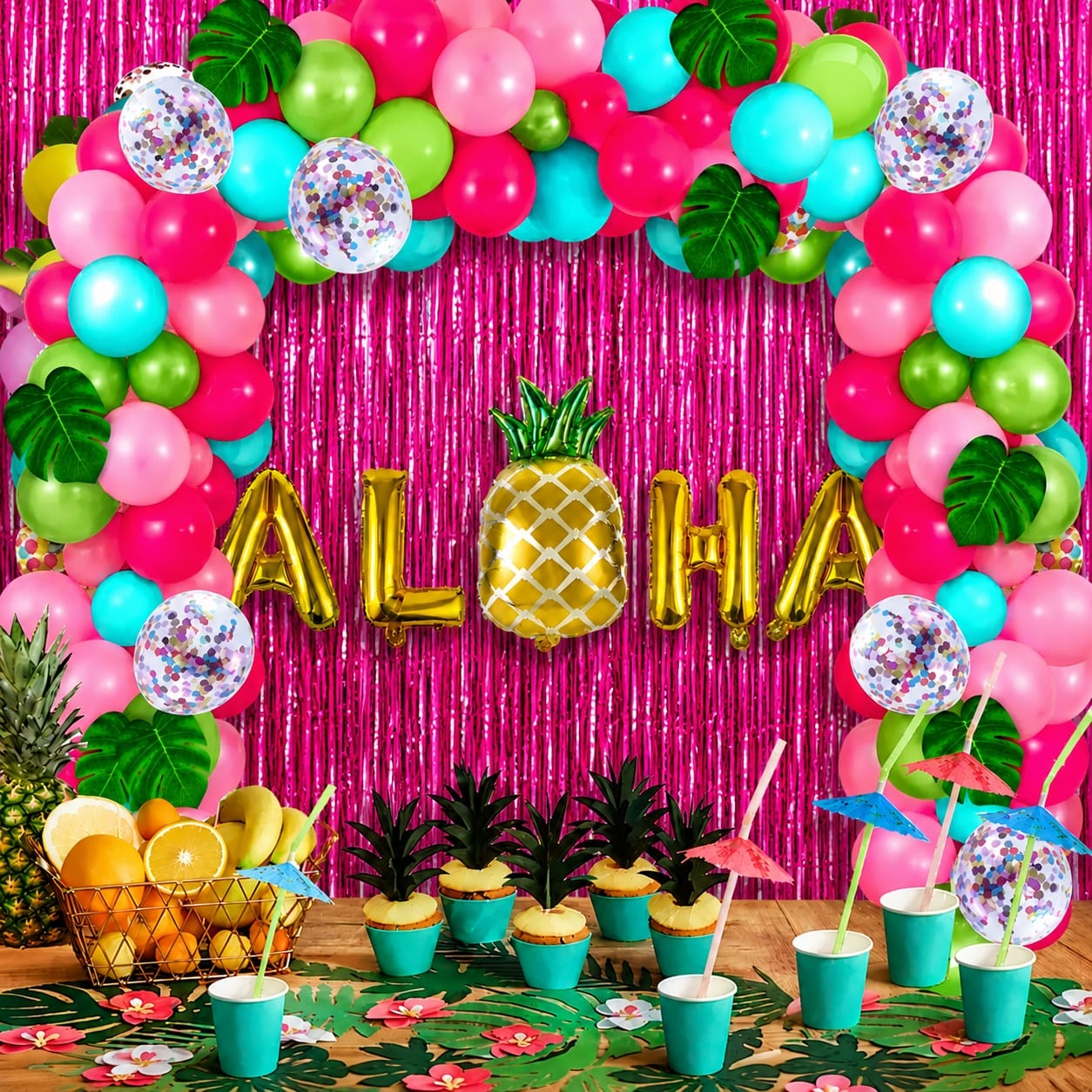 Kit Decoración Fiesta Tropical ALOHA 100 Piezas + 2 Cortinas Metalizadas