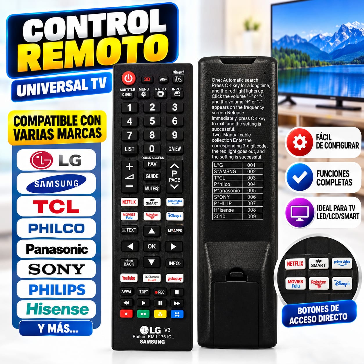 Control Remoto Universal para Smart TV LG Samsung Sony Hisense y Más