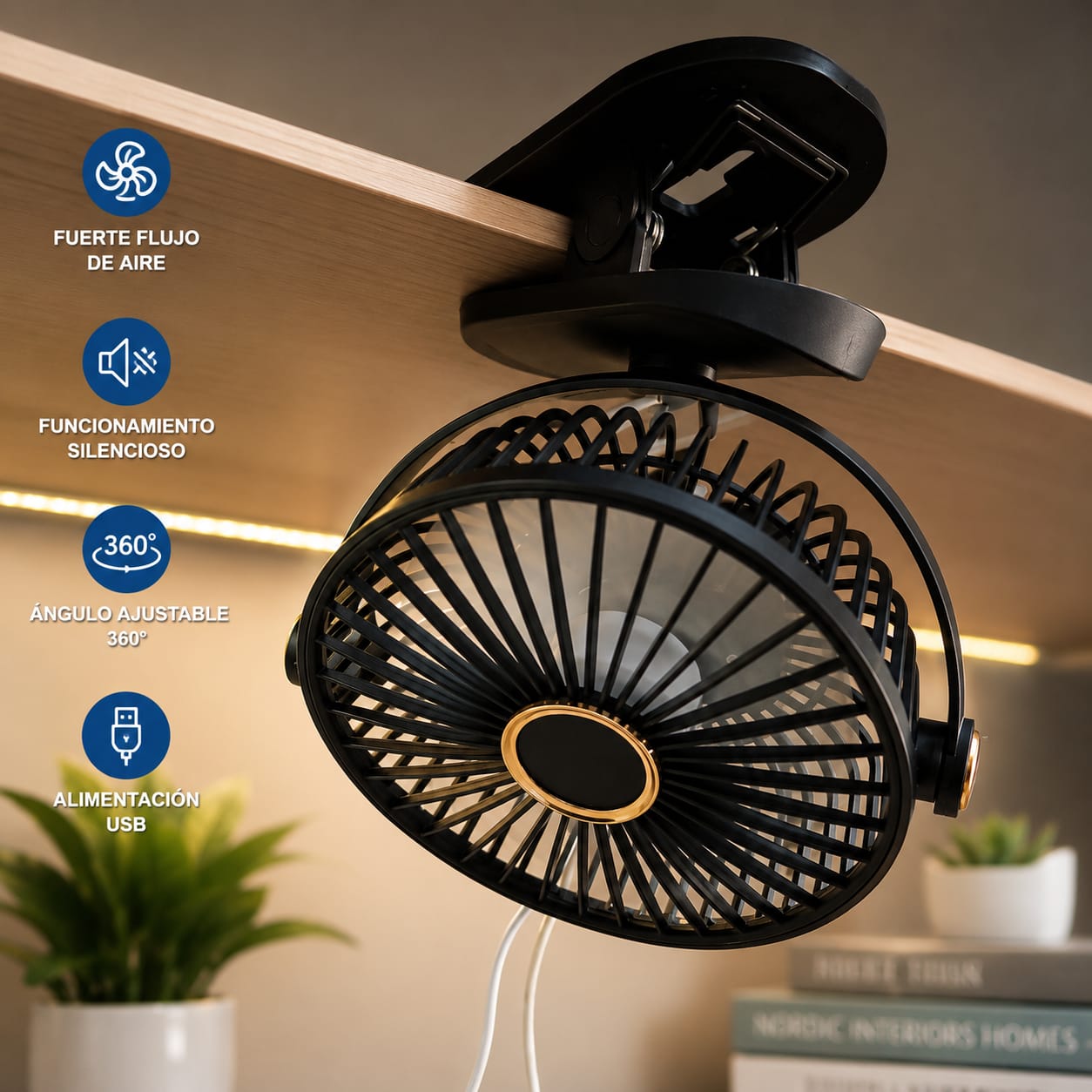 Ventilador USB de Clip 360° Silencioso 5 Velocidades con Luz LED (negro)
